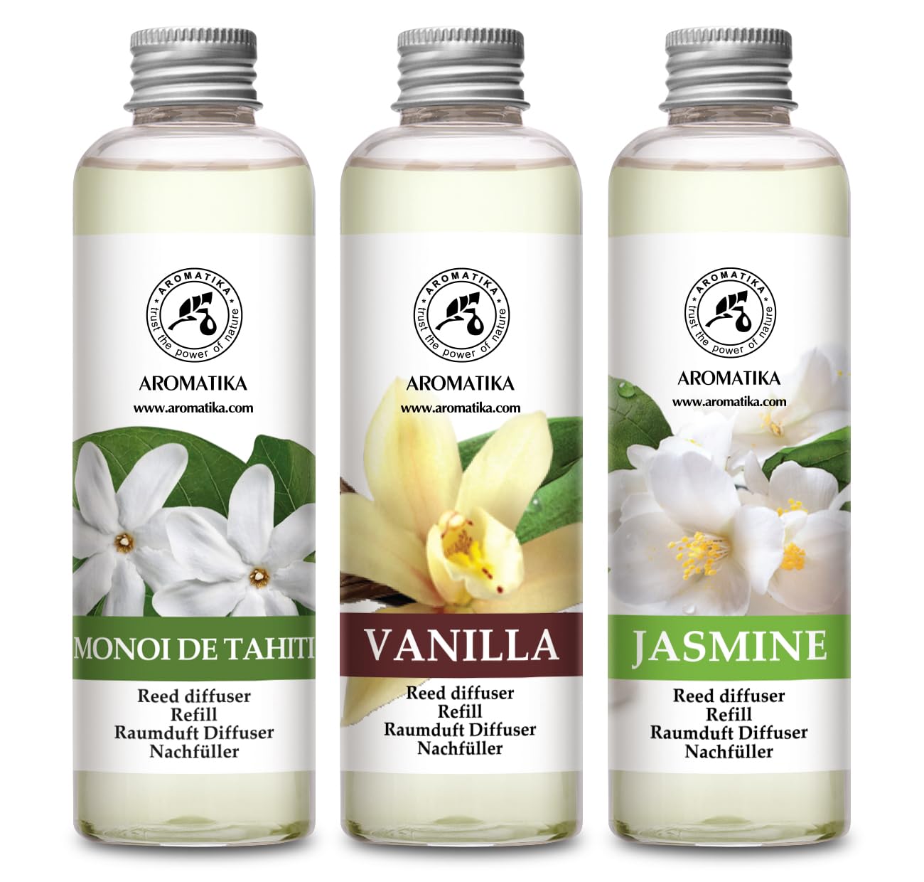Raumduft Diffuser Nachfüller Monoi de Tahiti & Vanille & Jasmin 600ml - 3x200ml - Nachfüller Set für Duftdiffusor - Reed Diffuser Refill - Raumbeduftung - Zimmerduft - Diffuser Nachfüllen - Raumluft