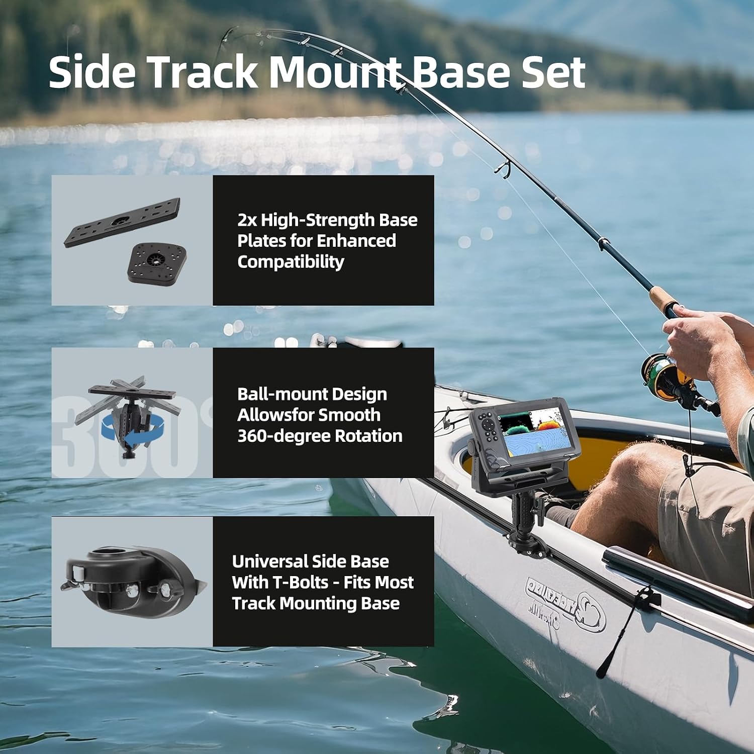 HITORHIKE Kayak Fish Finder Mount with Transducer Arm Options Holds up to 9" Electronics Compatible with Garmin Lowrance Humminbird(Side Track Mount Base Set)