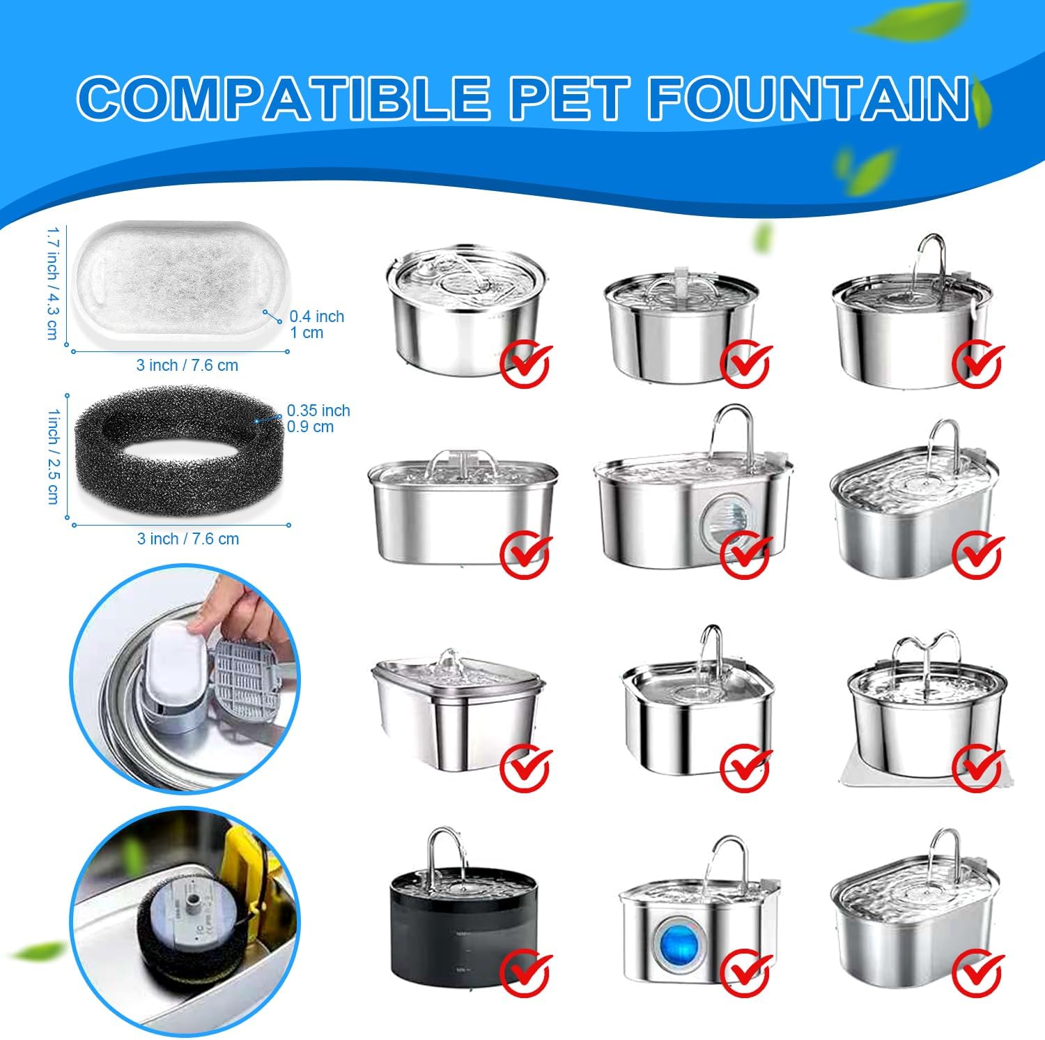 Cat Water Fountain Filters, 20Pack Cat Fountain Replacement Filters for Stainless Steel 108oz/3.2L& 67oz/2L adjustable Water Flow Pet Water Fountain,Dog Water Fountain Filters(10 Filters& 10 Sponges) - Image 3