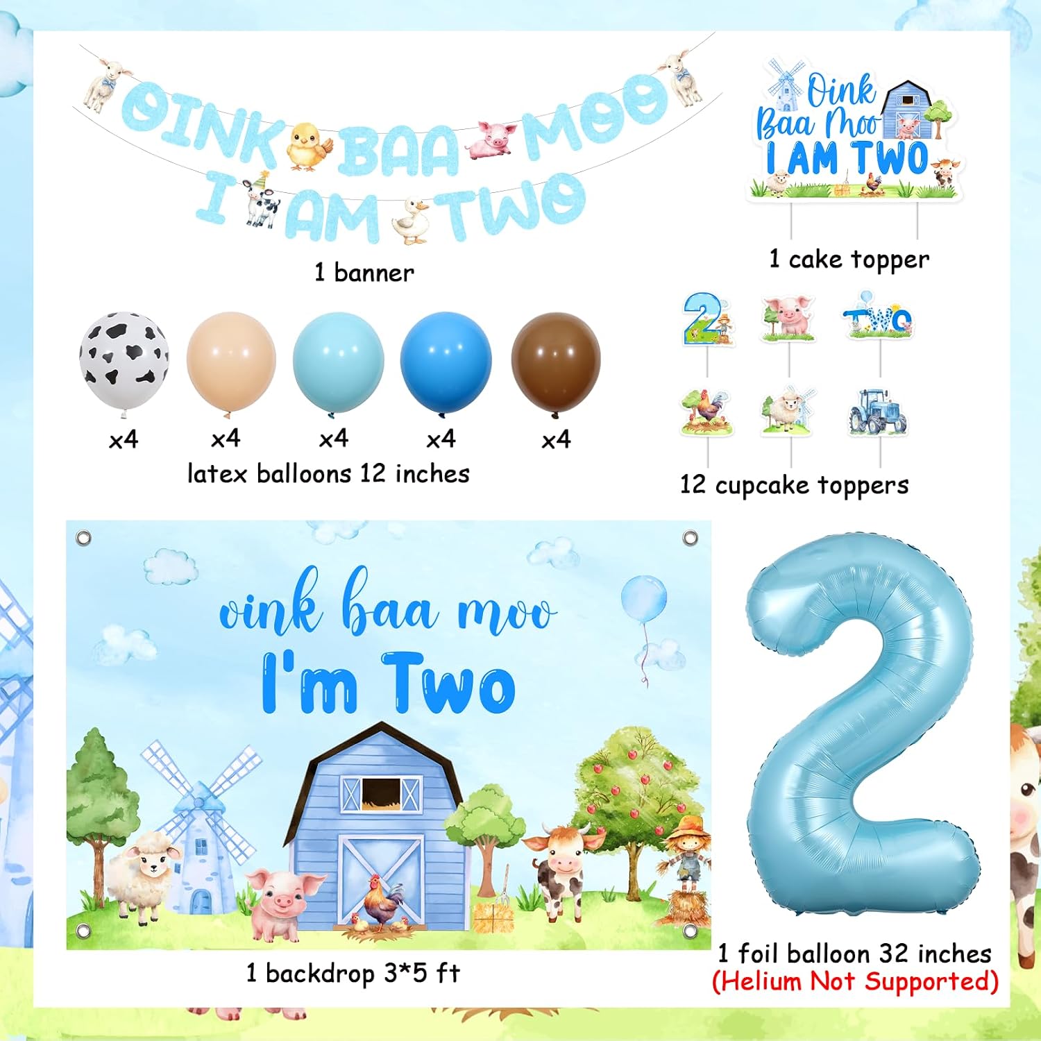 Farm Animals Themed 2nd Birthday Decorations Blue, Oink Baa Moo I Am Two Birthday Backdrop Banner with Blue Farm Animal Cake Decor, Barnyard Second Party Supplies for Boys