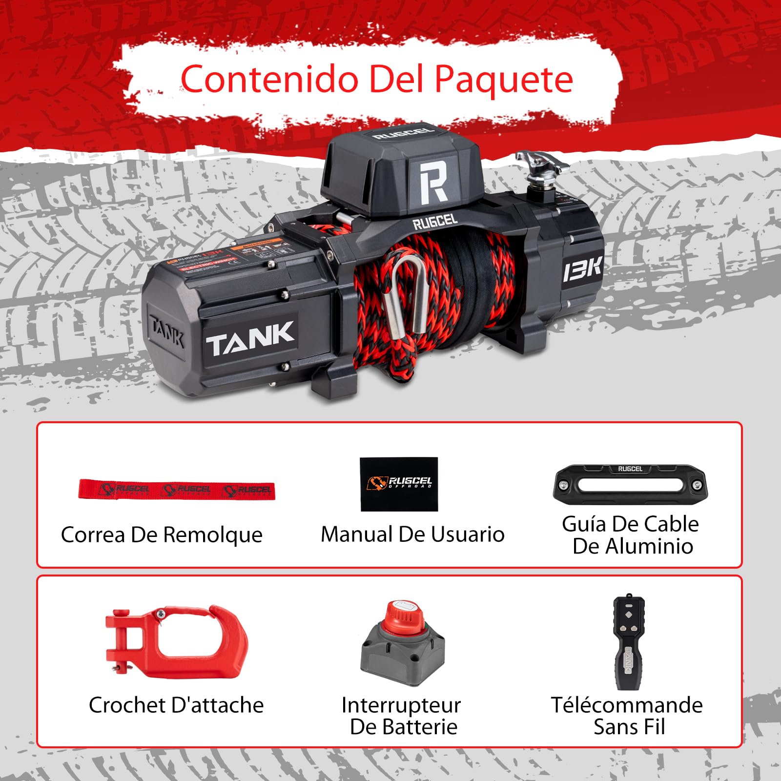 RUGCEL WINCH 13500 lb de cuerda sintética Cabrestante eléctrico impermeable de 12V, control remoto inalámbrico 2 en 1, para SUV, camioneta y remolque - Serie TANK
