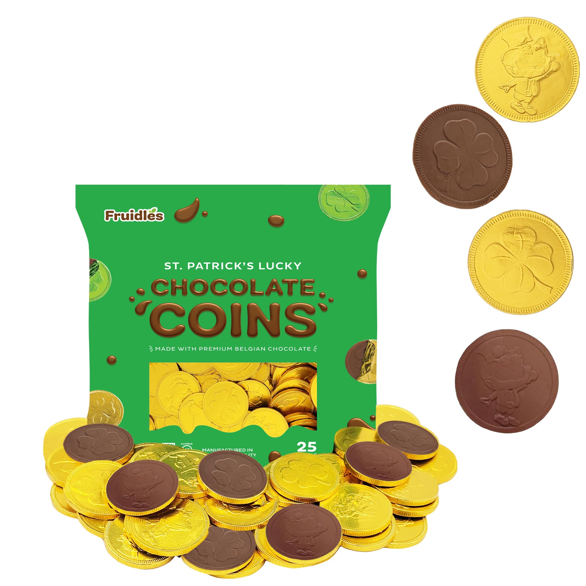 Fruidles St. Patrick'S Day 25 Coins Gold Shamrock Coin Foils, Premium Belgian Milk Chocolate Leprechaun Coin Resealable Bag Nut-Free (25-Pack)