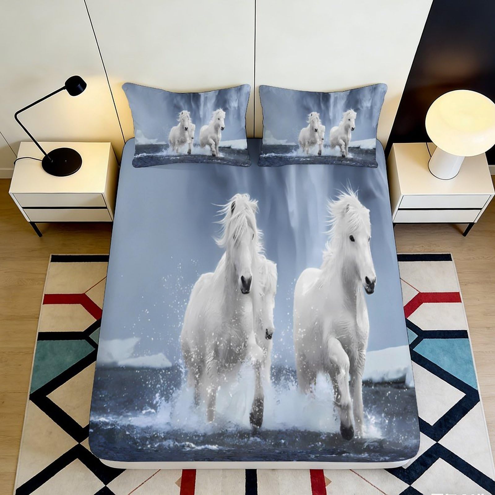 3D Printed White Horse Fitted Sheet Microfiber Soft Breathable Running Horses Bed Cover for Bedroom Dormitory Guest Room Mattress Protection Decor 140x200x25cm
