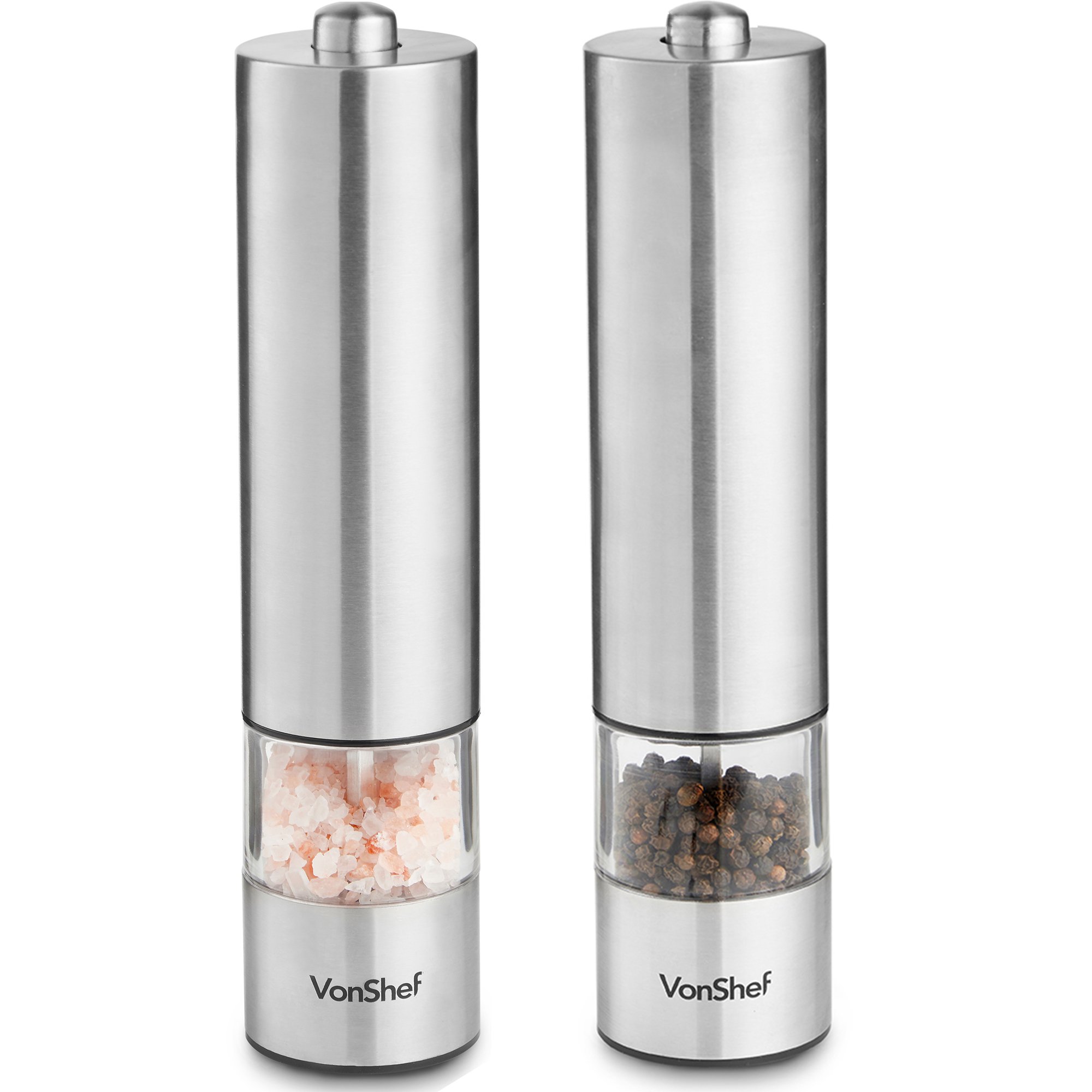 VonShef Electric Salt & Pepper Grinder Set, Stainless Steel Push Button Salt & Pepper Mills, Easy Refill with Adjustable Coarseness Settings, Battery Operated