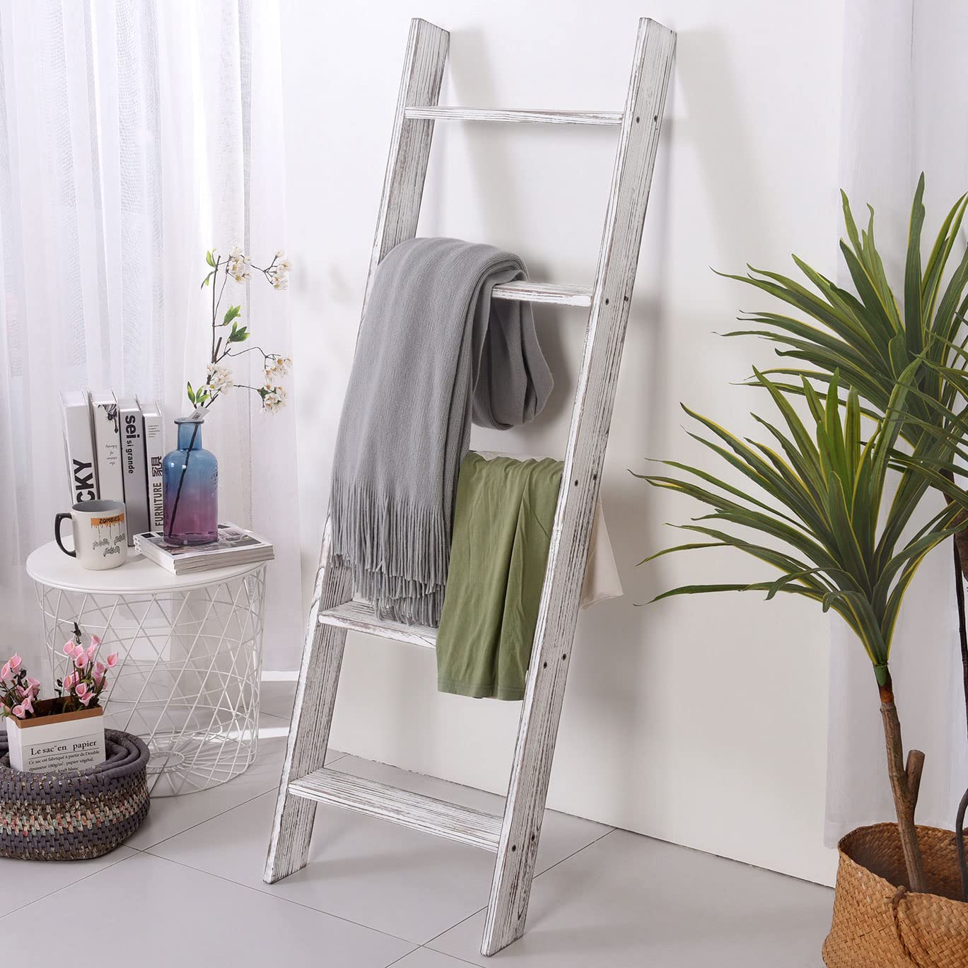 TEAKMAMA Blanket Ladder Shelf 54'' Rustic Wood Ladder Decorative Rack Heave Duty Ladder Farmhouse Storage Furniture for Your House Easy to Assemble - White