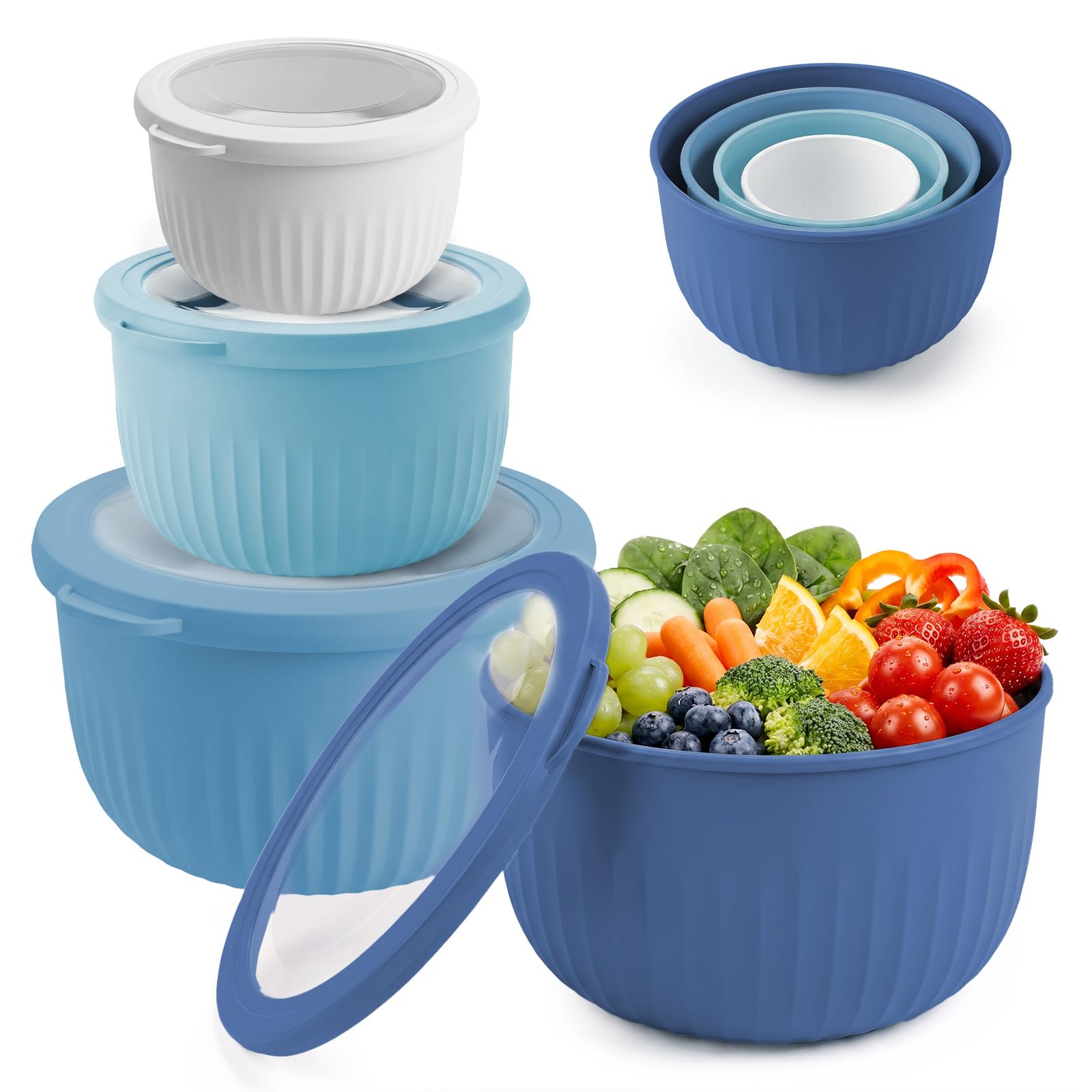 JTOOYS Mixing Bowls with Lids - 4Pcs Plastic Mixing Bowl Set Nesting Mixing Bowls for Baking Large BPA-Free Salad Bowl with Airtight Leak-Proof Lid for Kitchen & Food Storage, Dishwasher Safe, Blue