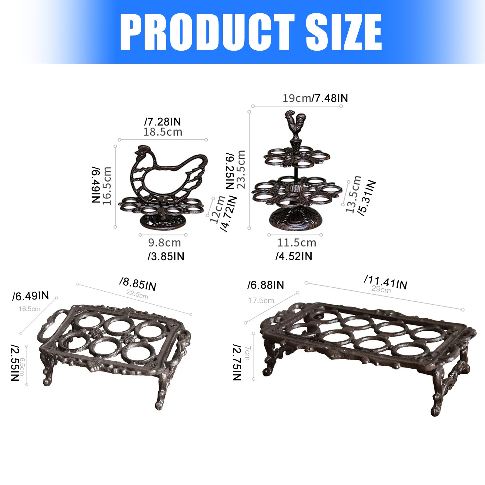 Superficies de fácil limpieza Soporte para huevos de gallo de hierro fundido Diseño retro Granjas Cocinas Organizadores de mostrador Estante para almacenamiento de huevos Organizadores prácticos