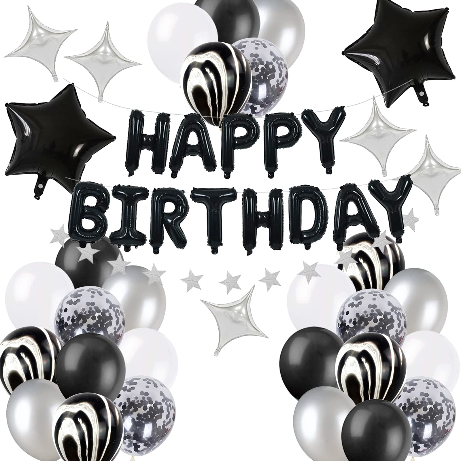 Black Birthday Party Decorations, Black Happy Birthday Balloon Star Banner Star Aluminum Balloon Black Agate Confetti Silver White Balloons for Birthday Supplies Women Men( 35 Pack)