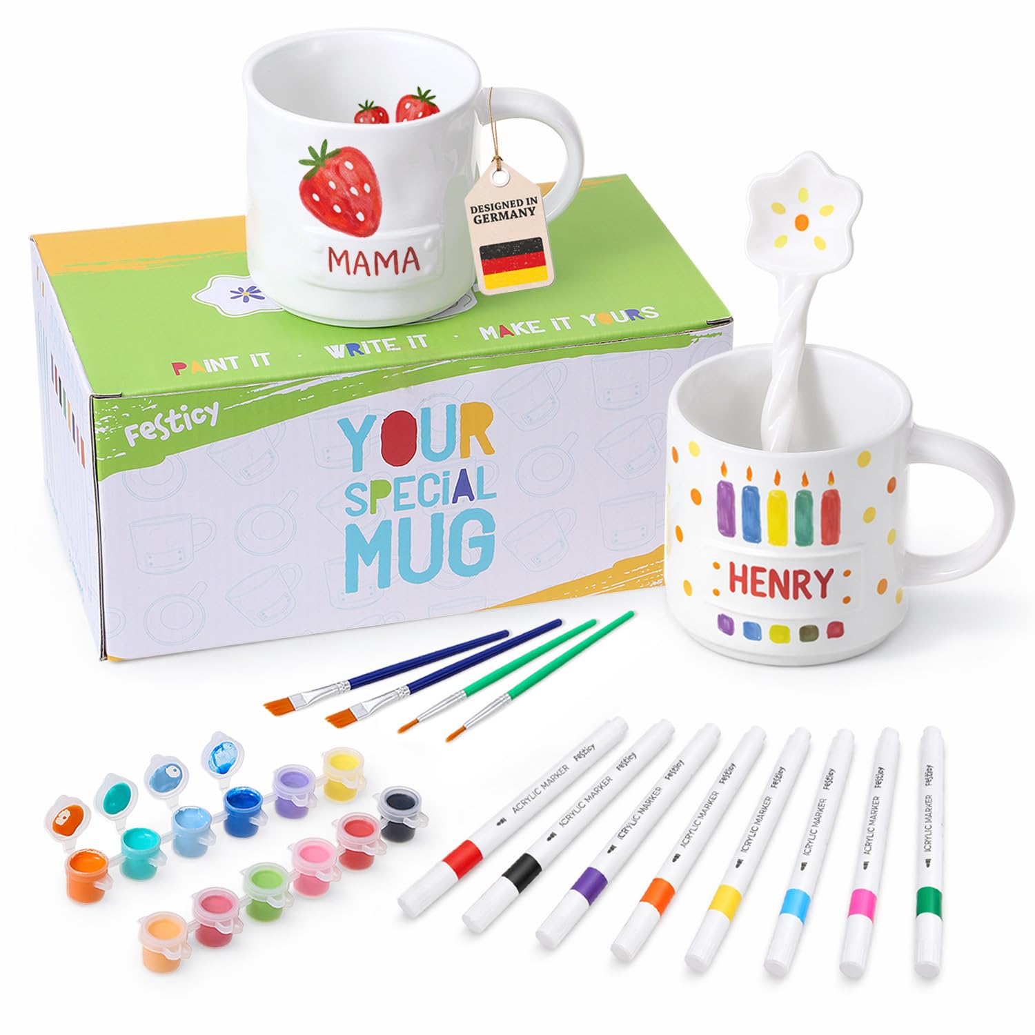 Festicy Set per Dipingere Tazze in Ceramica I 2 Tazze da 200 ml con 12 Colori, 8 Pennarelli e 4 Pennelli I Kit Creativo Adulti e Bambina I Idee Regalo Fai da Te I Hobby Creativi per Casa