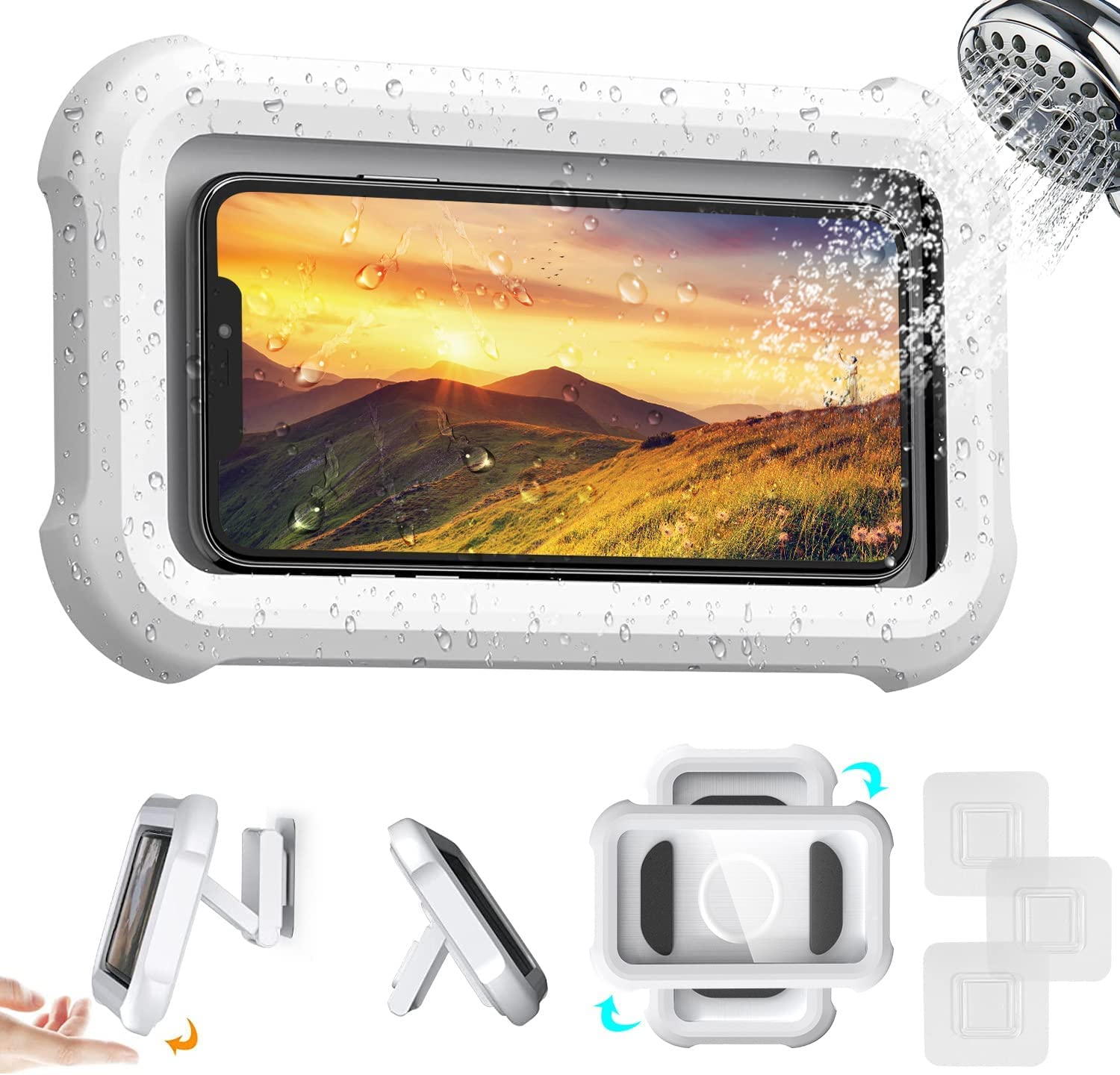 LUCKYDUO Supporto per cellulare da doccia, girevole a 480°, impermeabile, touch screen HD, per bagno/cucina, adatto per smartphone sotto i 7 pollici (bianco)