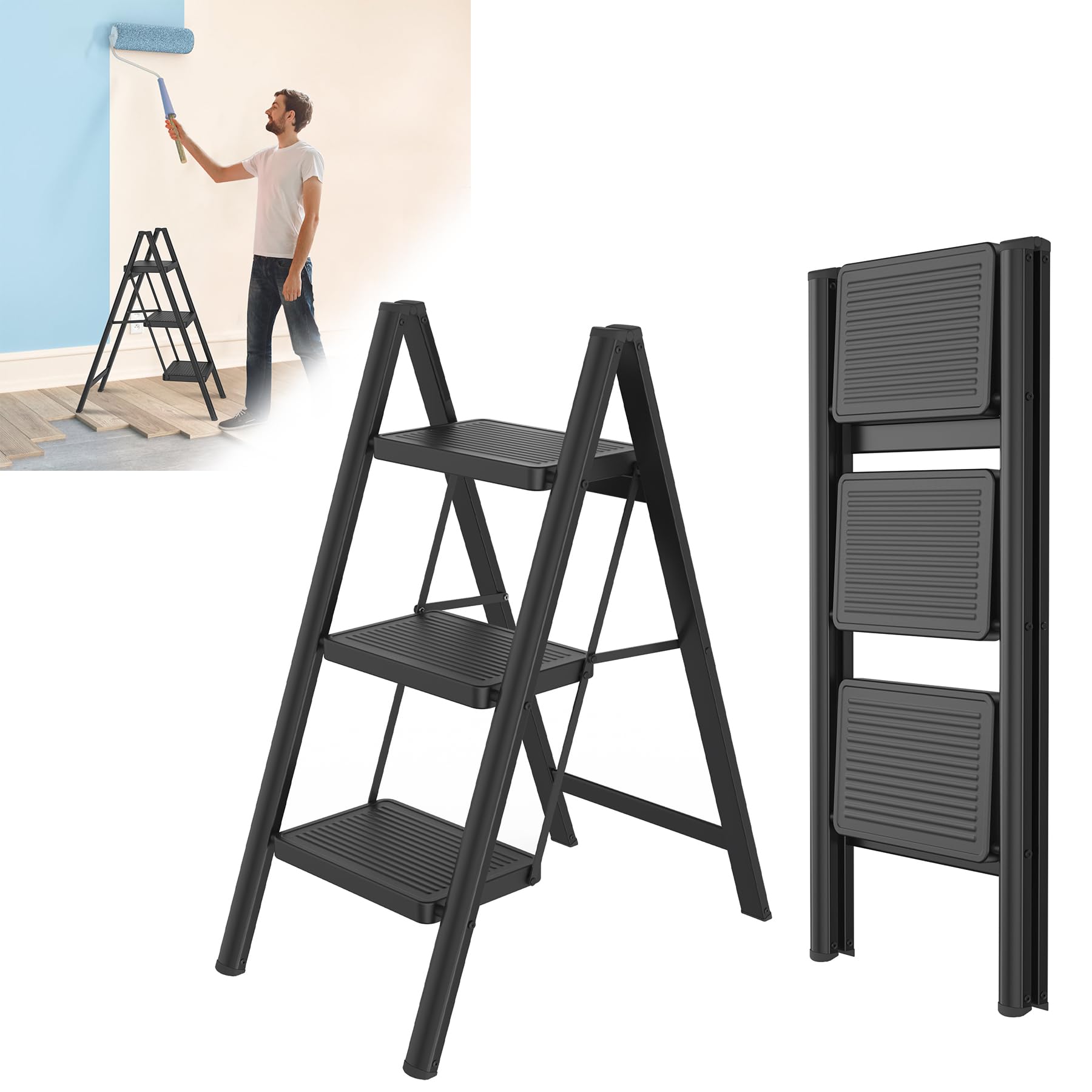 Froadp Scaletta pieghevole a 3 gradini, antiscivolo, in ferro, multifunzione, per casa, cucina ed esterni, portata fino a 250 kg