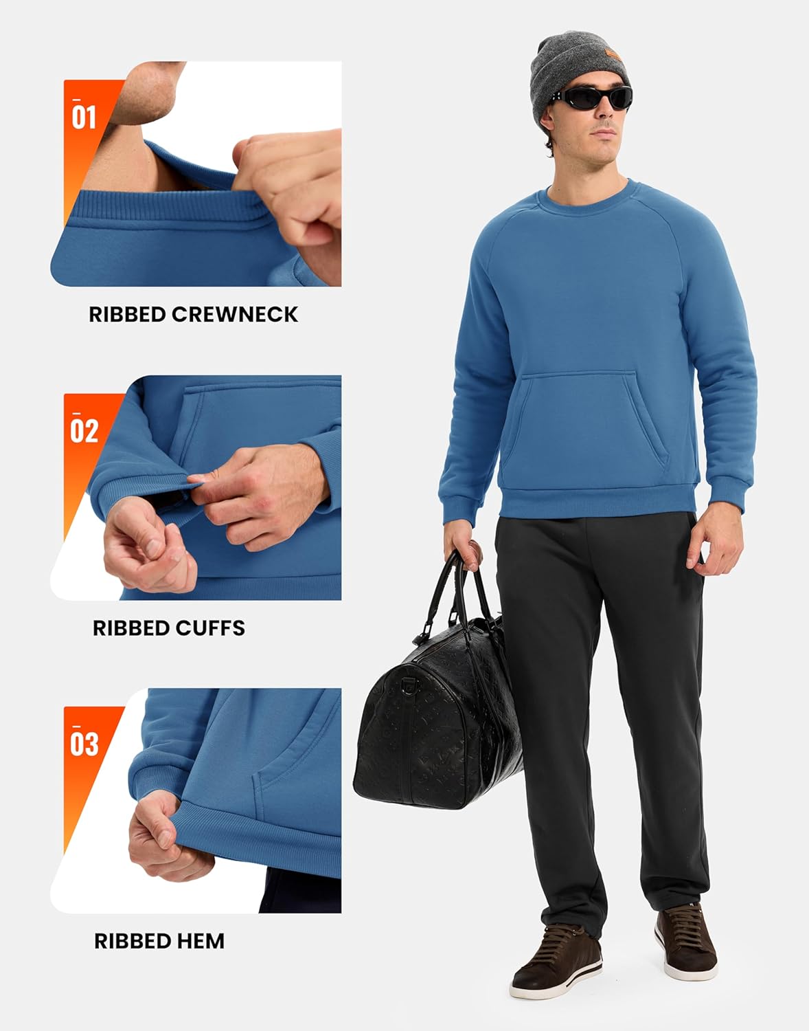 Rdruko Men's Sherpa Lined Sweatshirts Heavyweight Winter Fleece Pullover Crewneck Sweatshirts With Zip Kangaroo Pocket - Image 5