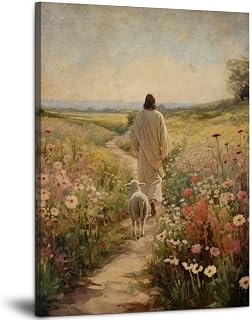 Gardenia Art Framed Jesus and Lamb Canvas Wall Art The Shepherd Walk on Wildflower Path Picture Prints God Faith Poster Artwork Vintage Christian Home Bedroom Decoration 11x14inch