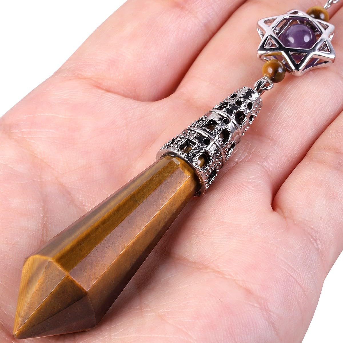 mookaitedecor Natural Tiger’s Eye Crystal Divination Dowsing Pendulum Faceted Crystal Point Pendulum with Merkaba Star Dream Catcher Reiki Healing Crystal Witchcraft Wiccan Supplies Decor Gift - Image 2