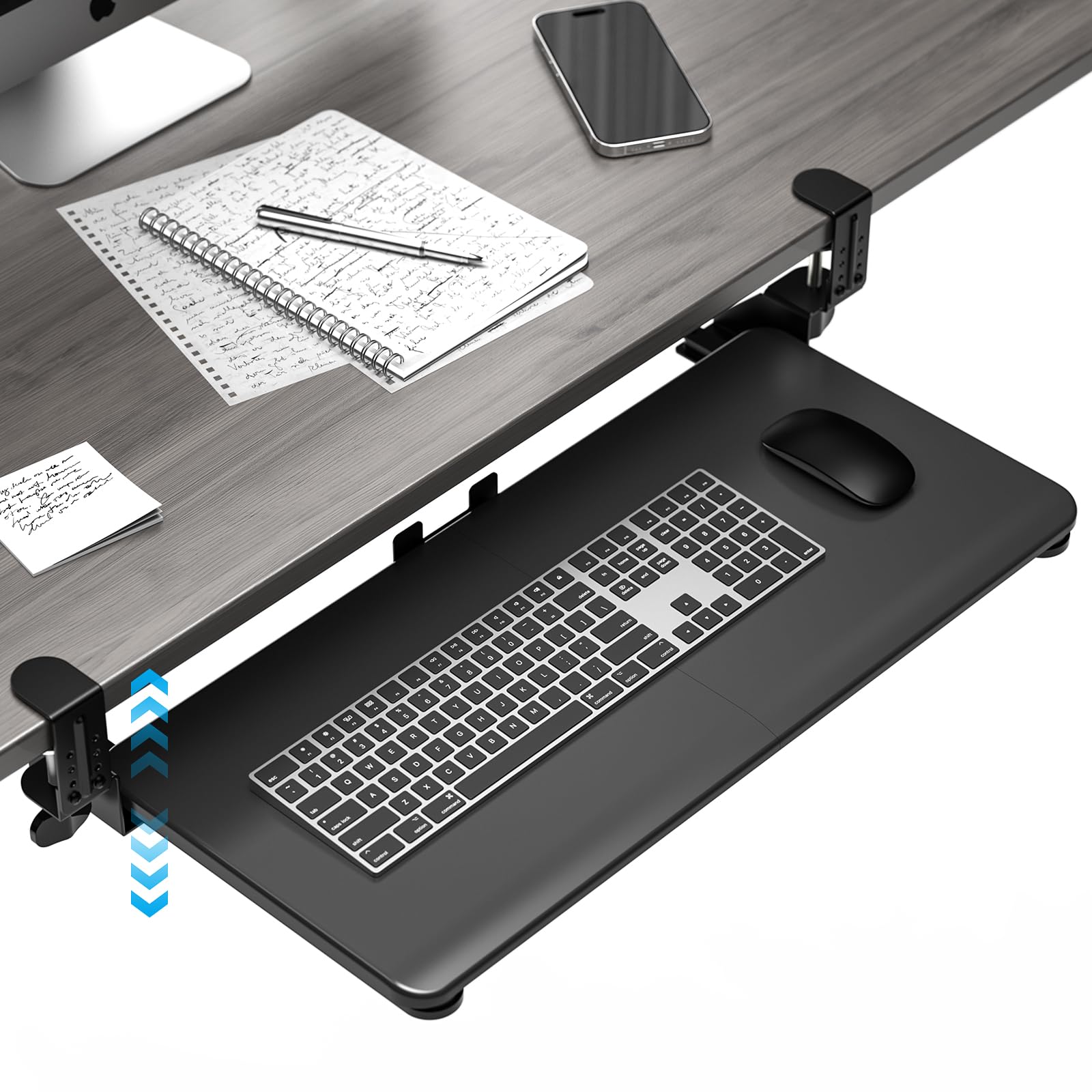Keyboard Tray Under Desk, Pull Out Keyboard & Mouse Tray with Adjustable C-clamp, 25.6(31.5 Including Clamps) x 11.8 Inch Slide Out Computer Keyboard Drawer Mouse Tray for Typing, Black