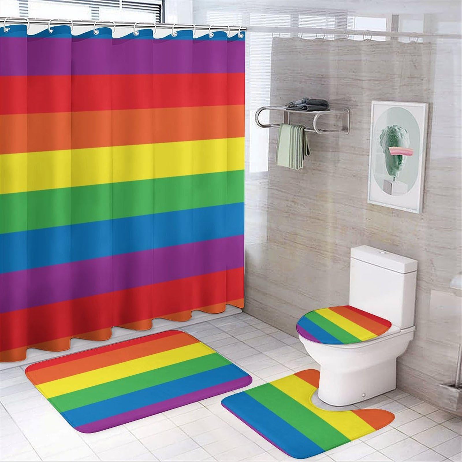JZemdybill Bathroom Mat Set 4 Piece, Rainbow Peace Love Shower Curtain with Non-Slip Bath Mats for Bathroom