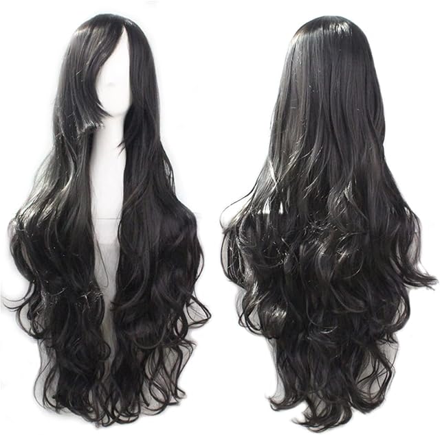Sawekin 32" 80cm Long Hair Heat Resistant Spiral Curly Cosplay Wig (A-Black)
