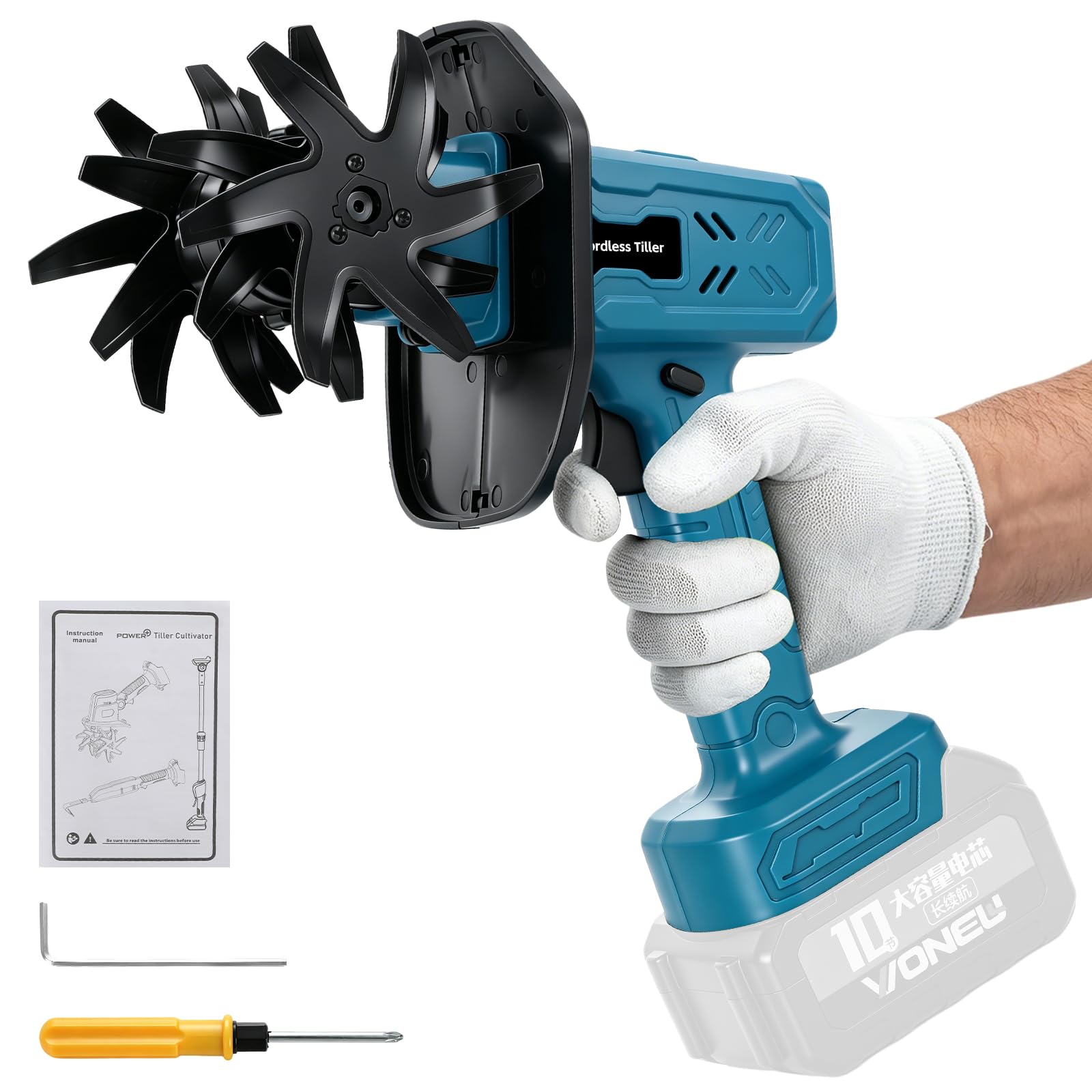 Akumulatorowa frezarka ogrodowa do Makita 18 V, akumulatorowa glebogryzarka, 235 obr./min, szerokość frezowania 10 cm i głębokość frezowania 10 cm, zasilana akumulatorowo rototyleria do prac
