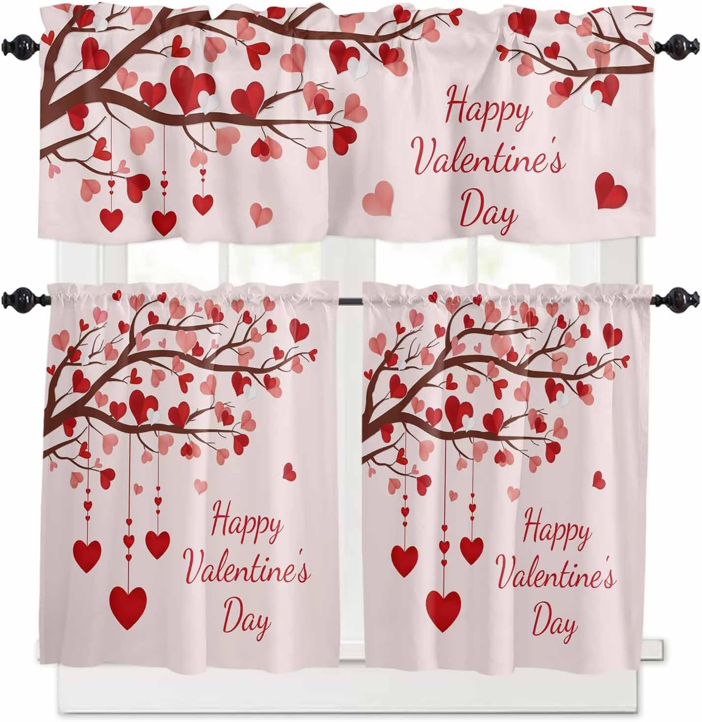 Valentines 3 Piece Kitchen Curtains Tiers and Valances Set Love Heart Tree Window Curtain Set Happy Valentiens Day Red Pink Rod Pocket Valance for Kitchen Bedroom Living Room 54 in x 24 in