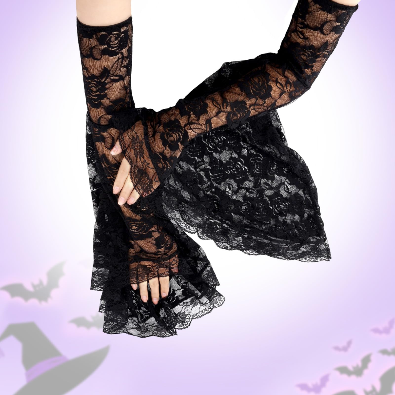 Mikovivi Lace Arm Sleeves, Black Detachable Lace Bell Sleeves Gothic Vampire Clothes for Halloween Witch Vampire Cosplay - Image 4