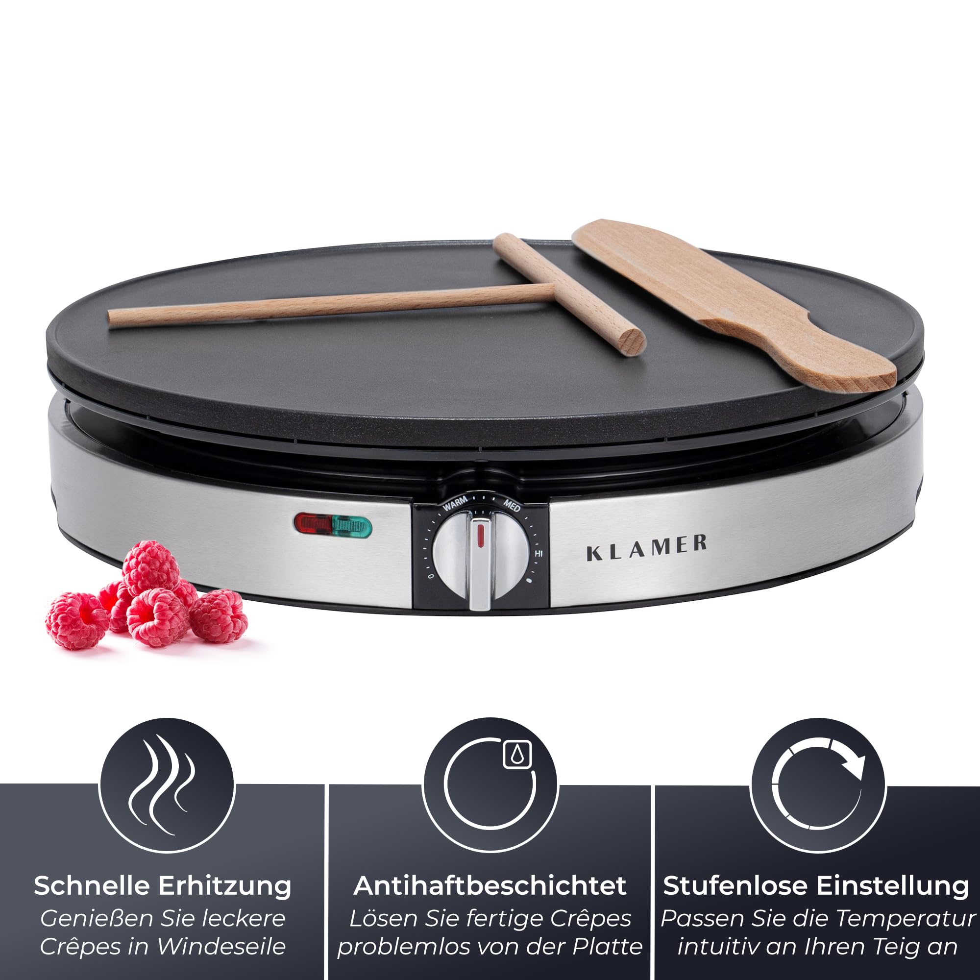 KLAMER Crepes Maker, Backfläche mit 30cm Ø, antihaftbeschichtete Platte, inkl. Teigverteiler und Wender aus Holz, Crepes Eisen für Crepes, Pancakes & Tortilla, 1400W