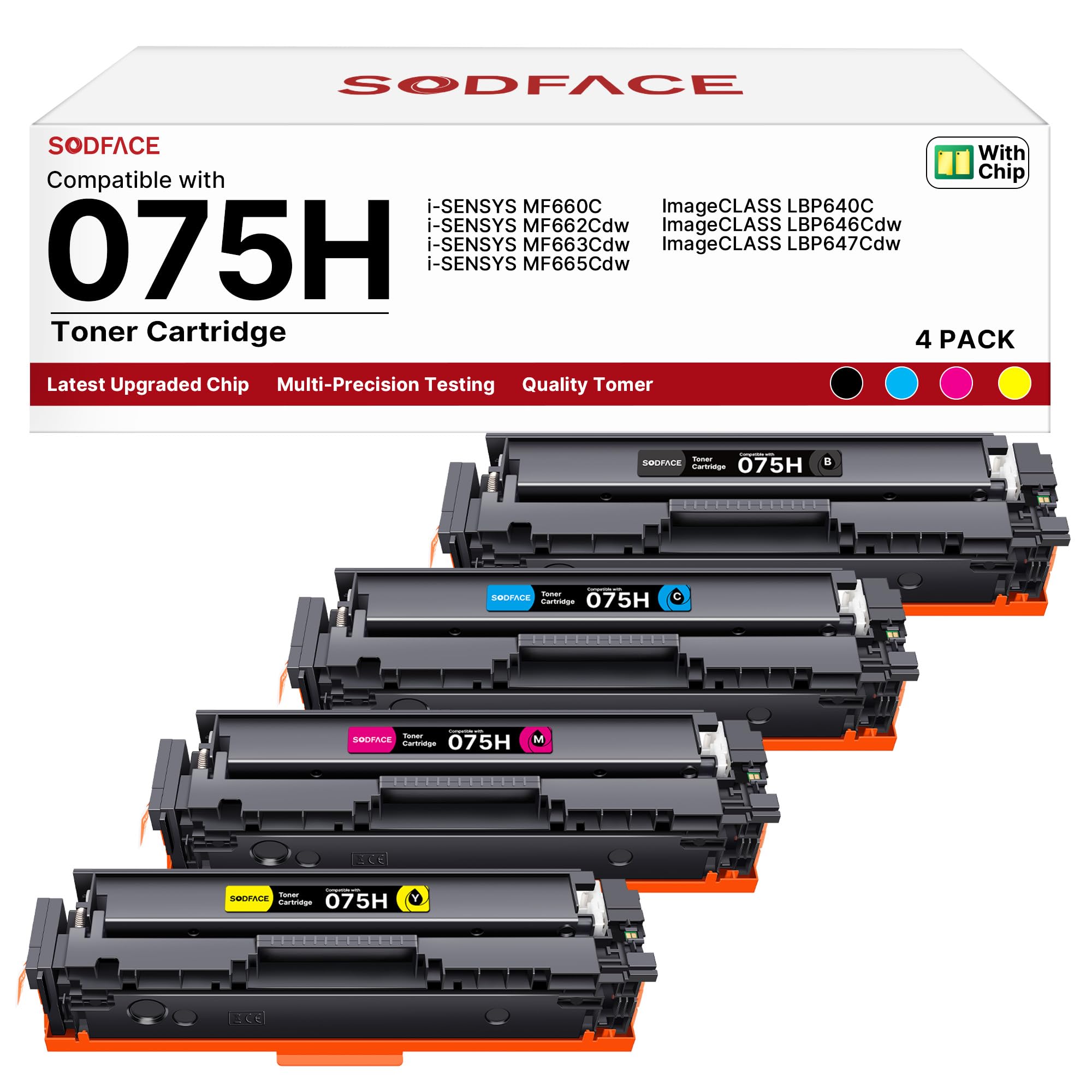 SODFACE 075 075H CRG075H CRG-075H für i-SENSYS LBP647Cdw Toner Cartridge Set Kompatibel für Canon 075 075H ImageCLASS MF662Cdw MF663Cdw MF665Cdw LBP646Cdw LBP647Cdw (Schwarz Cyan Gelb Magenta, 4-Pack)