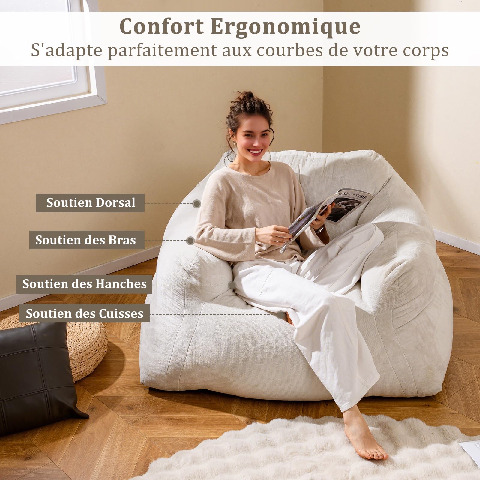 COSTWAY Fauteuil Poire pour Salon, Canapé Moelleux en Velours Ultra-Doux Convient pour Enfant, Ado & Adulte, Fond Antidérapant, Fauteuil de Sol Rembourré pour Salon, Chambre, 110 x 124 x 68 cm, Beige