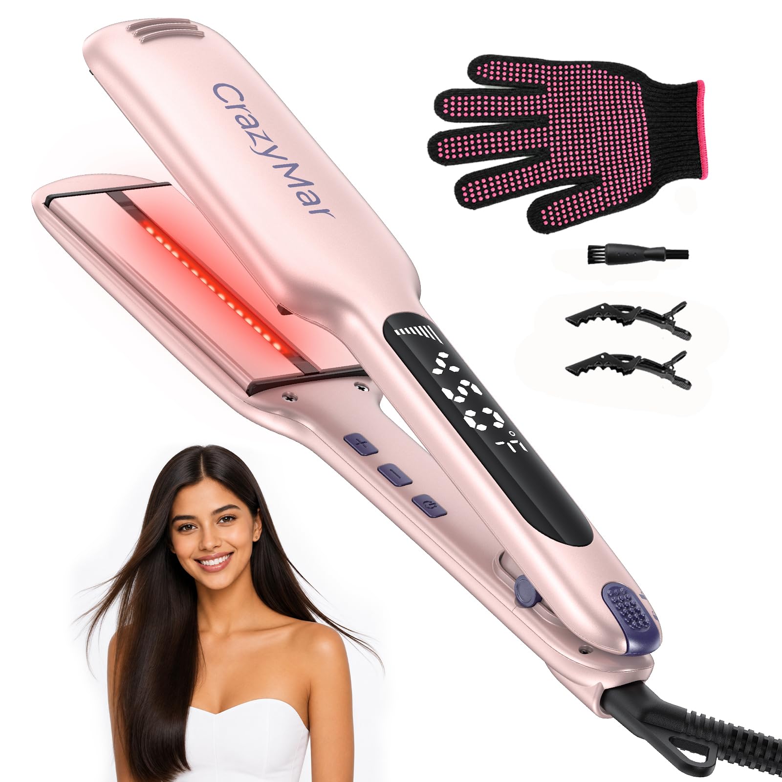 CrazyMar 2" Infrared Hair Straightener, Professional Straightening Flat Iron, Fast Heating Digital LED Display, Anti-Frizz Salon Results, Worldwide Dual Voltage for All Hair Types