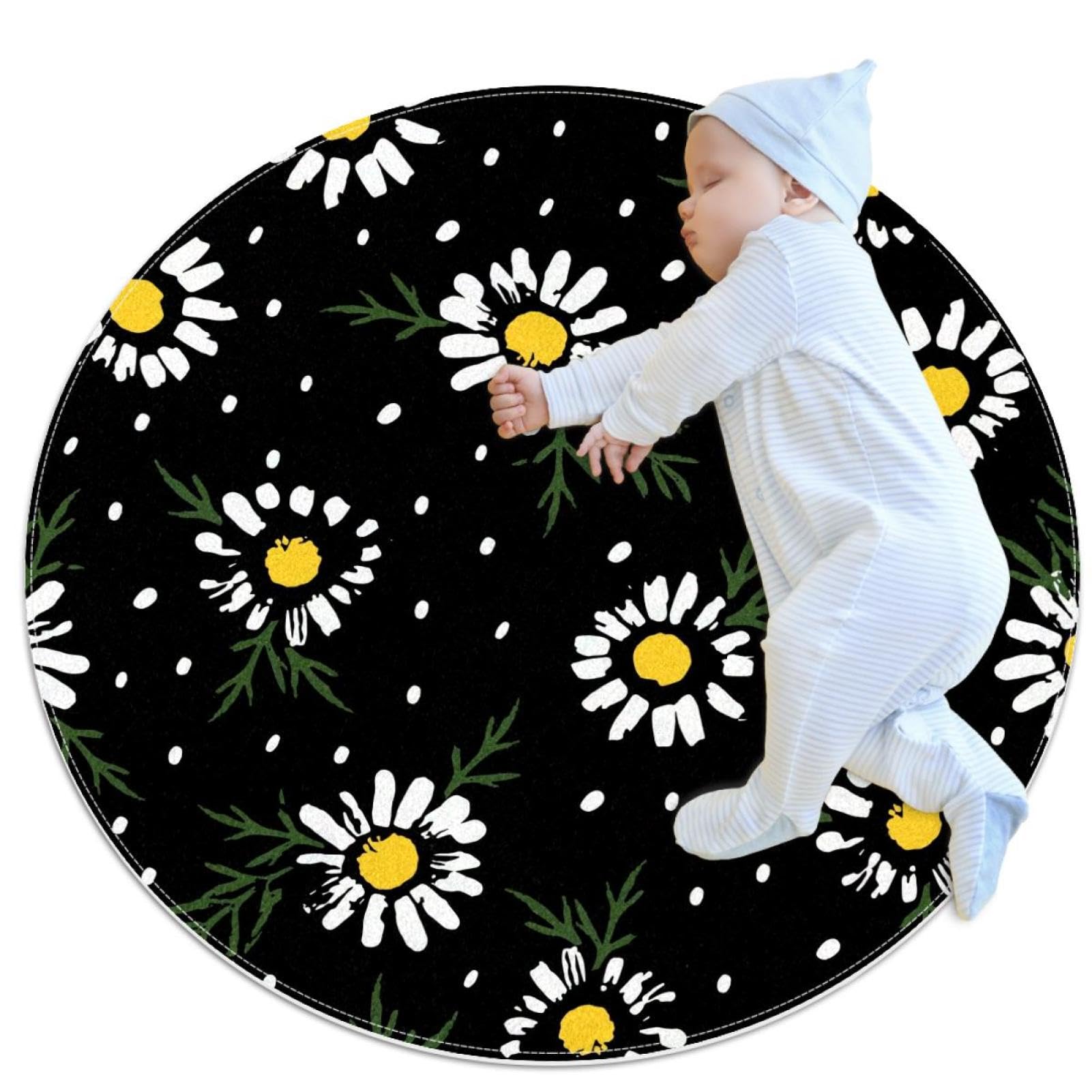 Tapis de salle de bain rond camomille de 1m antidérapant
