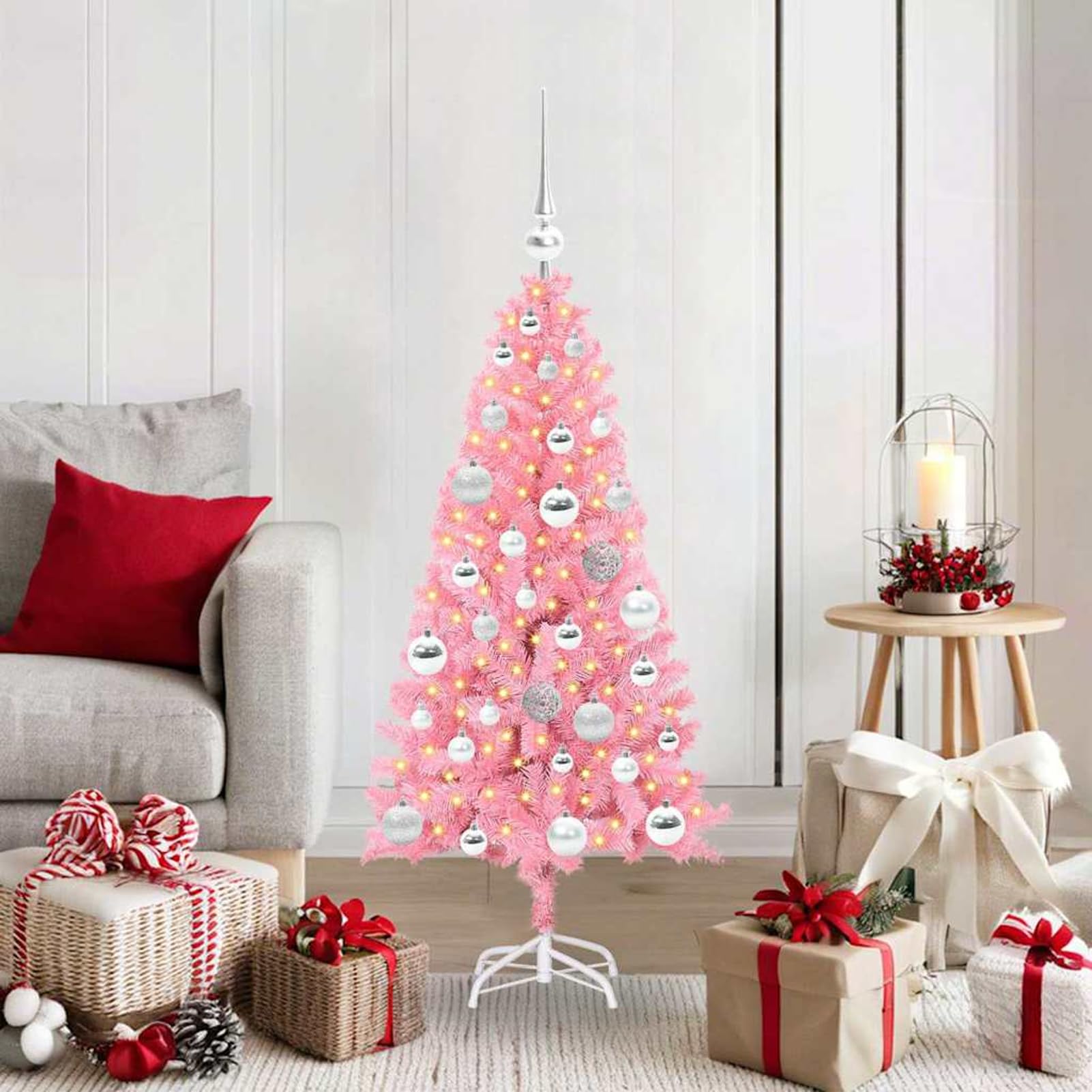 Árbol de Navidad artificial rosa de 120 cm con luces LED para interior y exterior