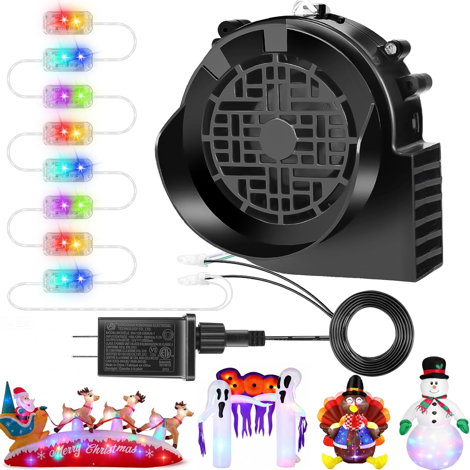 Replacement 1.5A Air Blower Fan for Inflatables, 8 Bright LEDs Motor with 2.0A Adapter Set, Strong Wind for 3-12FT Blow Up Yard Christmas Thanksgiving Outdoor Decor Inflatables Colorful Large