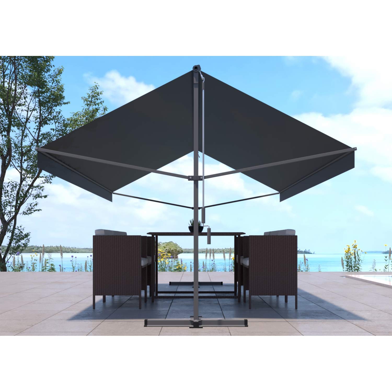 Store Banne Double Pente 4x3m Manuel ISEO Gris - Toile Waterproof 250g/m² Hydrofuge & Anti-UV - Protection Jardin & Terrasse avec Manivelle - Structure Aluminium Robuste - Concept Usine