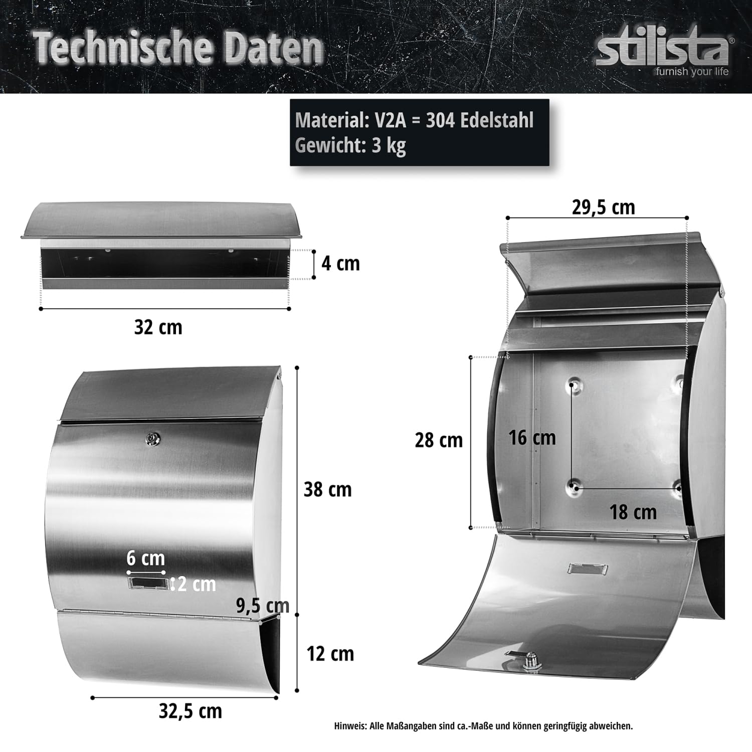 STILISTA Briefkasten V2A Edelstahl Zeitungsfach Modell wählbar halbrund
