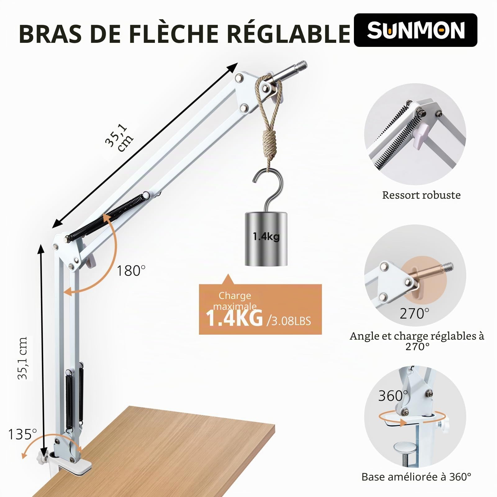 SUNMON HyperX QuadCast S Bras de Micro, Pied de Micro avec Pince de Bureau, Filtre Anti-pop, Support de Microphone pour QuadCast S2, Blue Snowball, Blue Yeti, HyperX SoloCast, Blanc
