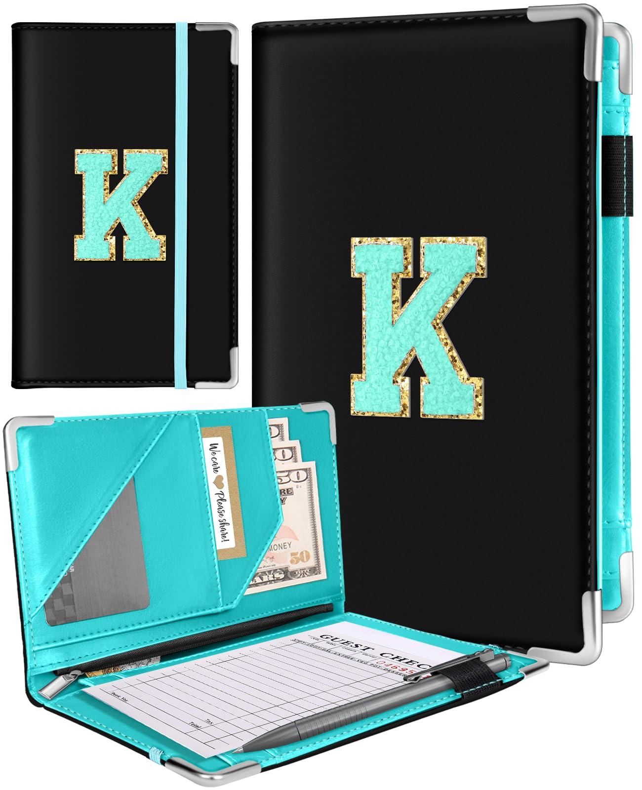 Slohif Server Book for Waitress Alphabet Serving Books with Zipper Pocket Accessories Leather Server Check Book Restaurant Waiter Wallet Server