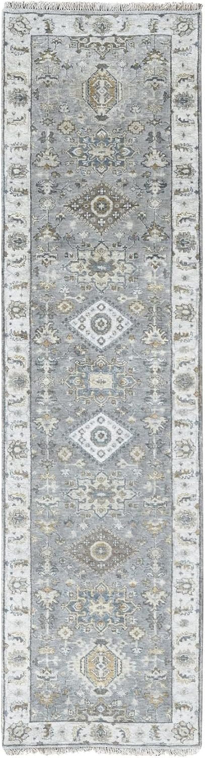 Cloud Gray Pure Wool and Geometric Design Hand Knotted Runner Oriental Rug (2'7"x9'9")