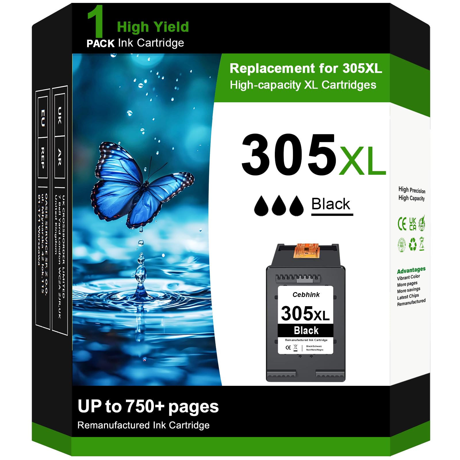 Cartucho de tinta 305 XL compatible con HP 305 negro, 1 unidad | 305XL, alto rendimiento lateral, para DeskJet 2700 2720 2730, para ENVY 6020e 6120e 6032 6420 6422 6430, 1 negro