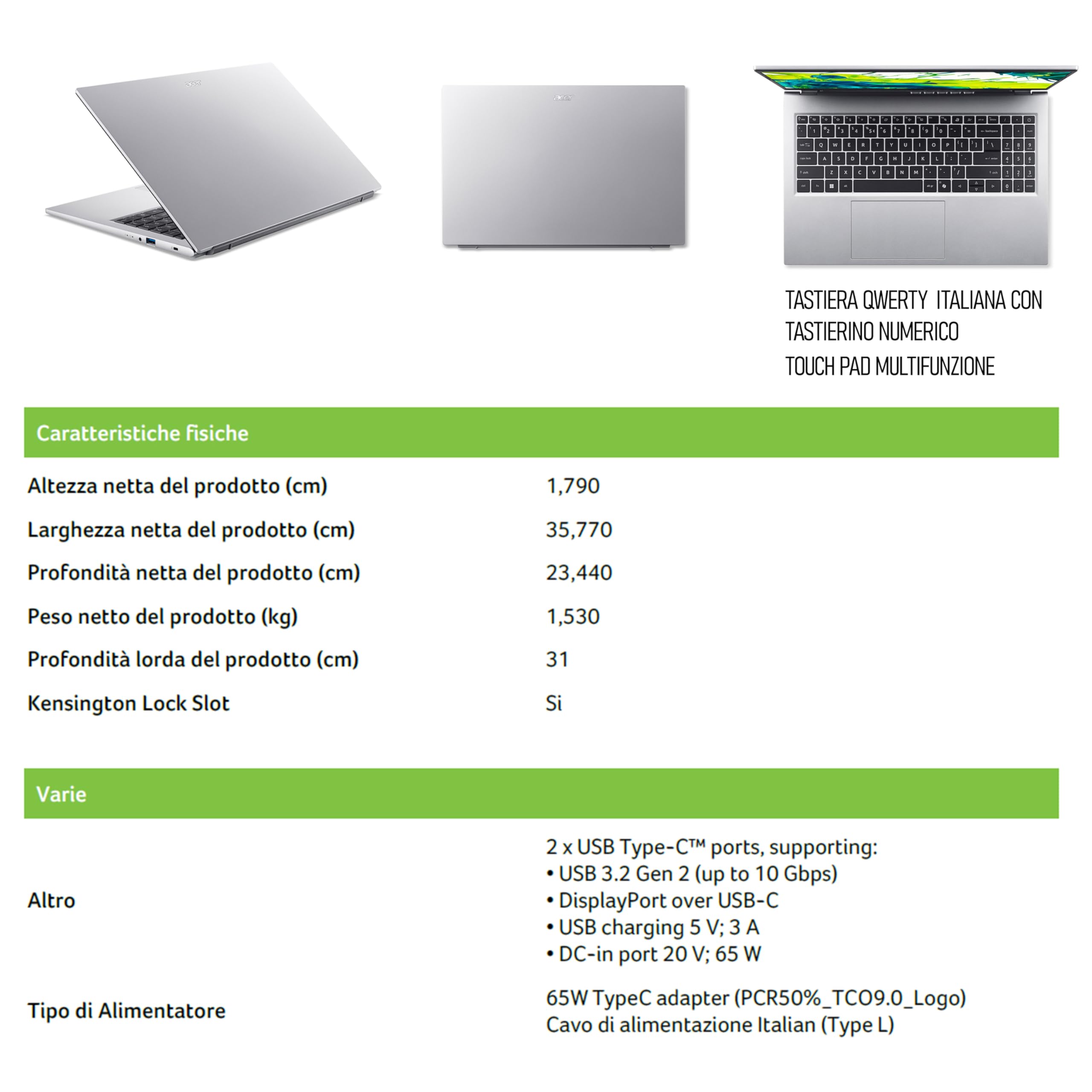 Acer Notebook Intel Core7 150u 10Core, Display 15.6" FHD | Fino a 5,4Ghz, Ram 16Gb, SSD Pci 512Gb, Display Port, Hdmi, Usb-C, Webcam, Win 11, Libre Office, Ready To Use