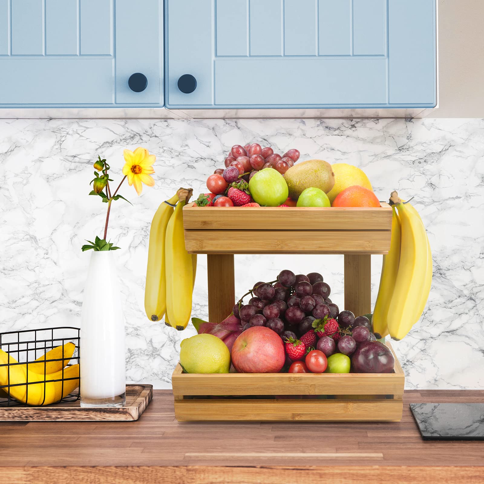 CALM COZY Supporto per Cesto di Frutta in bambù a 2 Livelli, Supporto per Verdure e Pane per ripiano della Cucina, Marrone