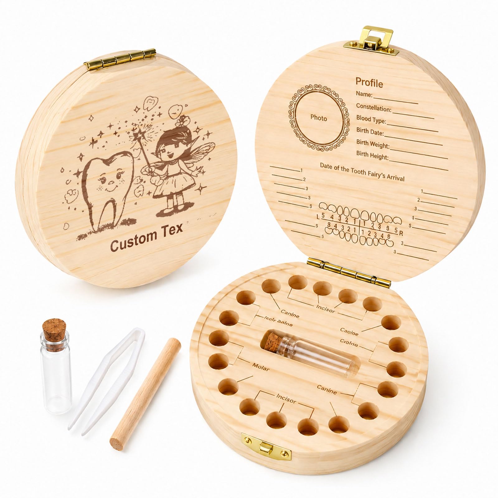 UGU Personalised Wooden Tooth Fairy Box, Custom Baby Teeth Keepsake, Classic Tooth Fairy Themed Souvenir Box for Boys and Girls (Tooth Fairy Wooden Milk Teeth Box01)