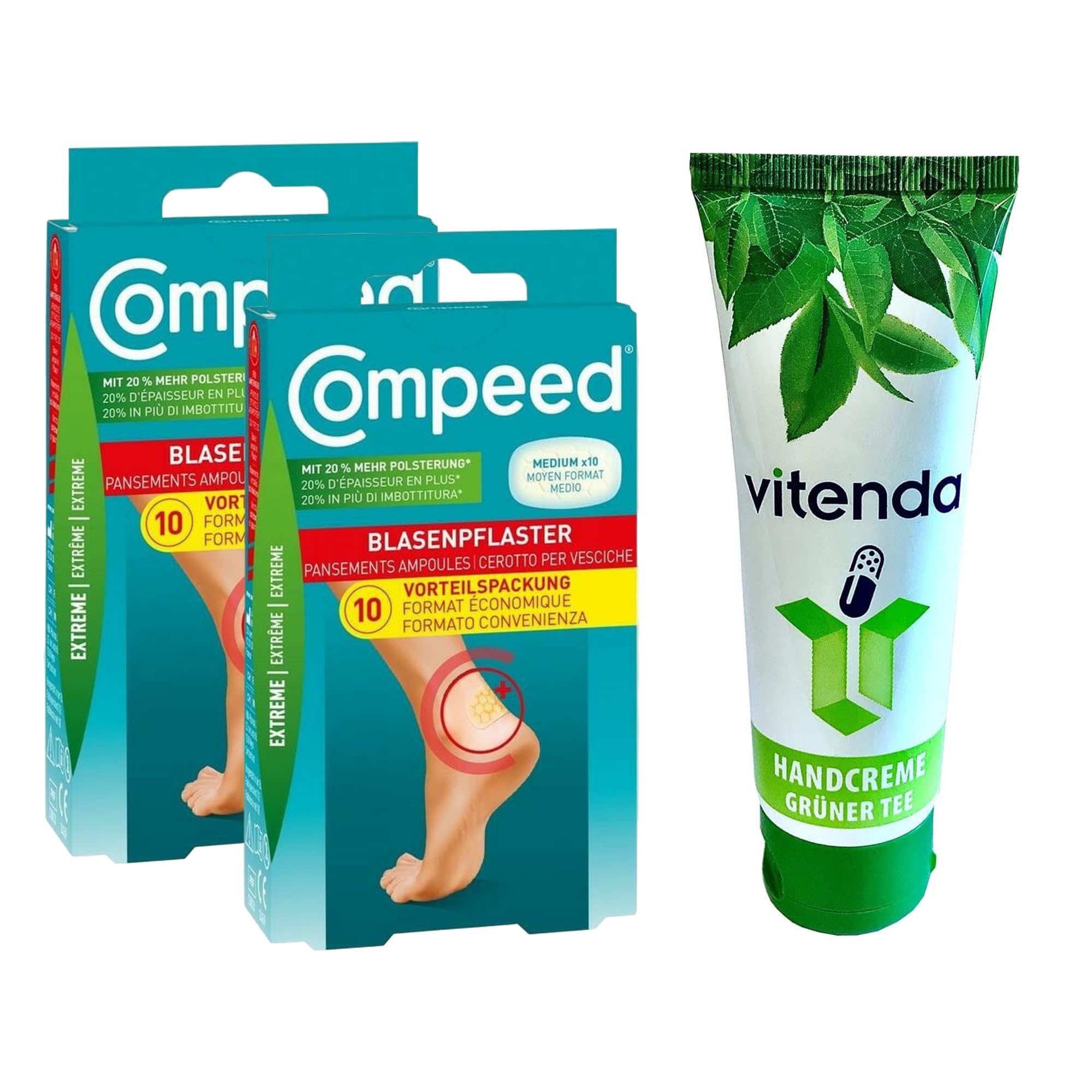 Set: Blasenpflaster für große & schmerzhafte Blasen mit Compeed, Hydrokolloid, extra Polsterung, 2x10Stk – inkl. vitenda Handcreme