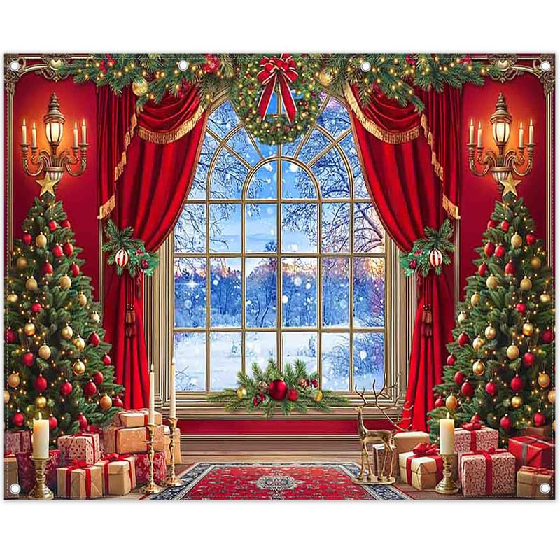 Luminora 3x2,4m Toile de Fond de Noël Rideau Rouge Sapin Hiver Neige Nuit | Cadeau Élan Photographie Fond Décorations de fête de Noël Bannière Photo Accessoires