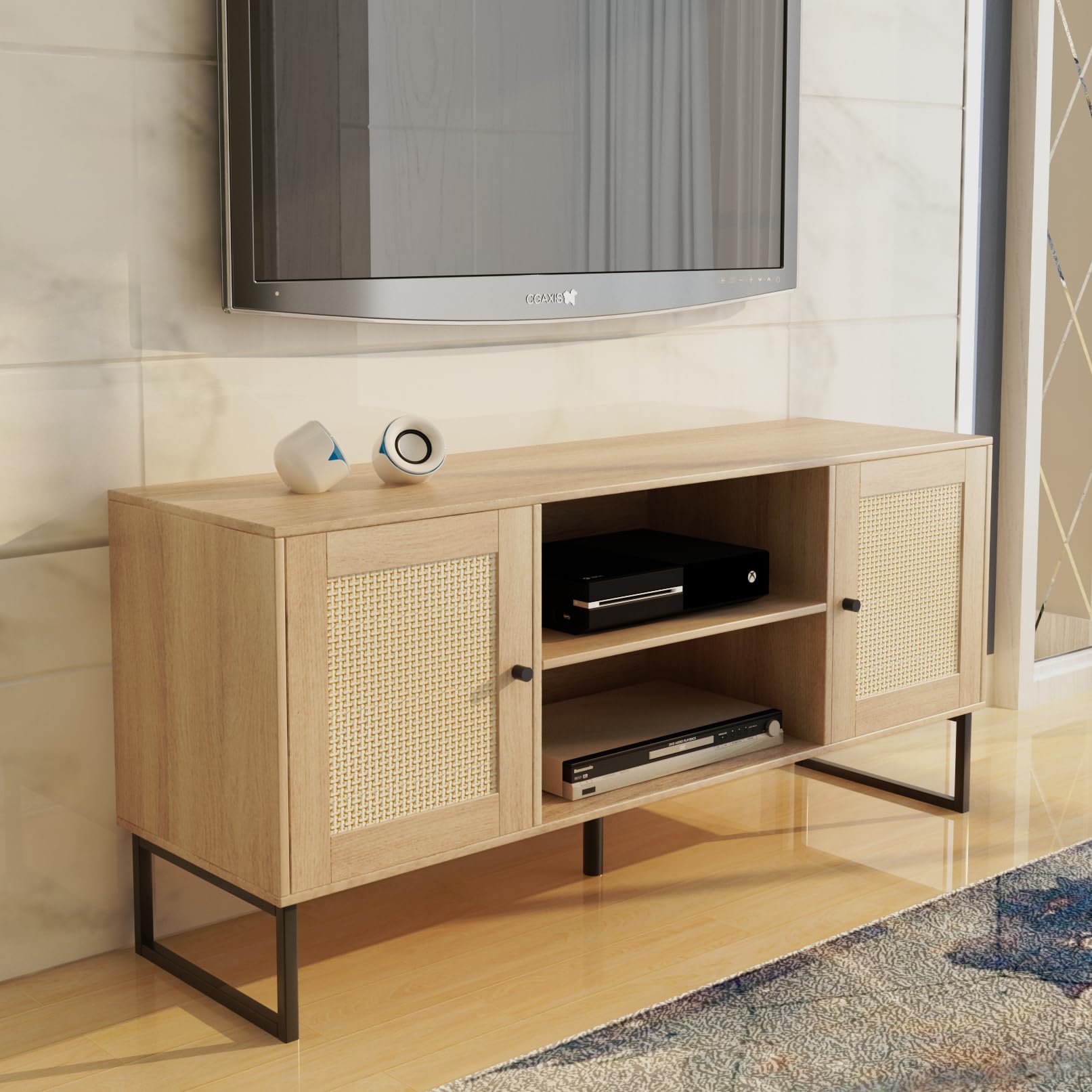 WERSMT Rattan TV Stand, Entertainment Center with Storage and Rattan Door, Modern TV Stand Fits Up to 55 Inch TV