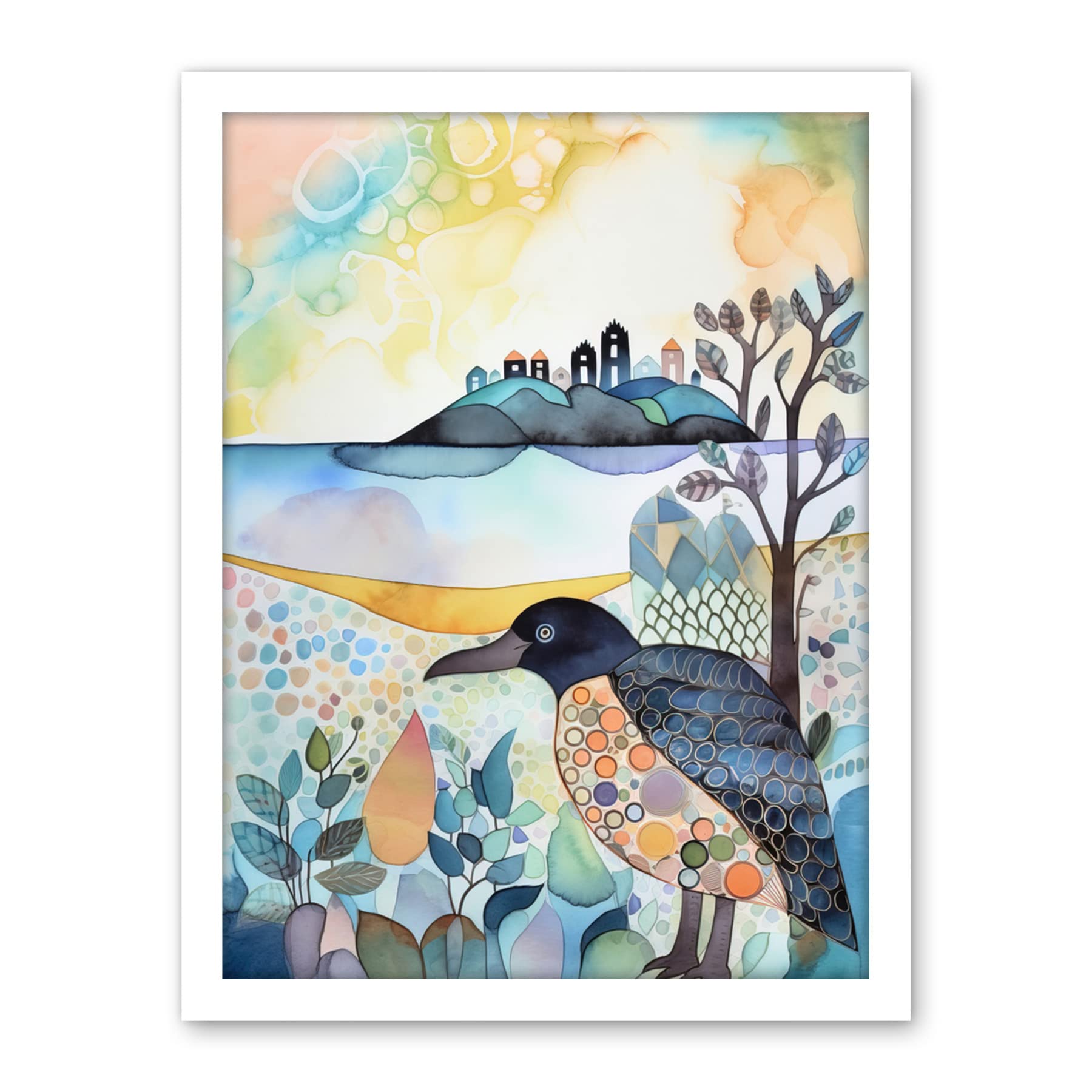 Artery8 Coastal Island Wildlife Folk Art Watercolour Painting Artwork Framed Wall Art Print 18X24 Inch