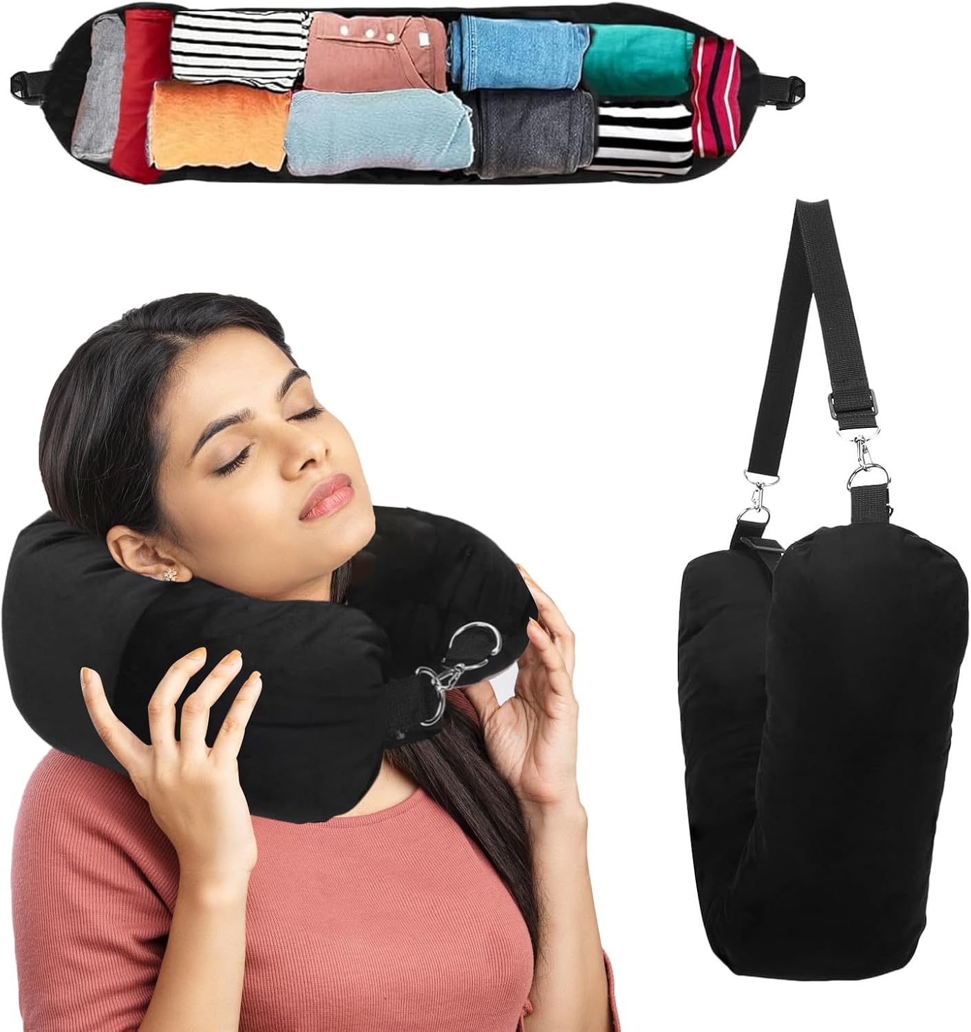 Stuffable Travel Pillow, Ostrich Neck Pillow for Travel, Packable Pillow with Up to 3 Days Clothes, Travel Neck Pillow by Airplane or Car, Essential Travel Accessory (Black) Stuffable Travel Pillow, Ostrich Neck Pillow for Travel, Packable Pillow with Up to 3 Days Clothes, Travel Neck Pillow by Airplane or Car, Essential Travel Accessory (Black)
