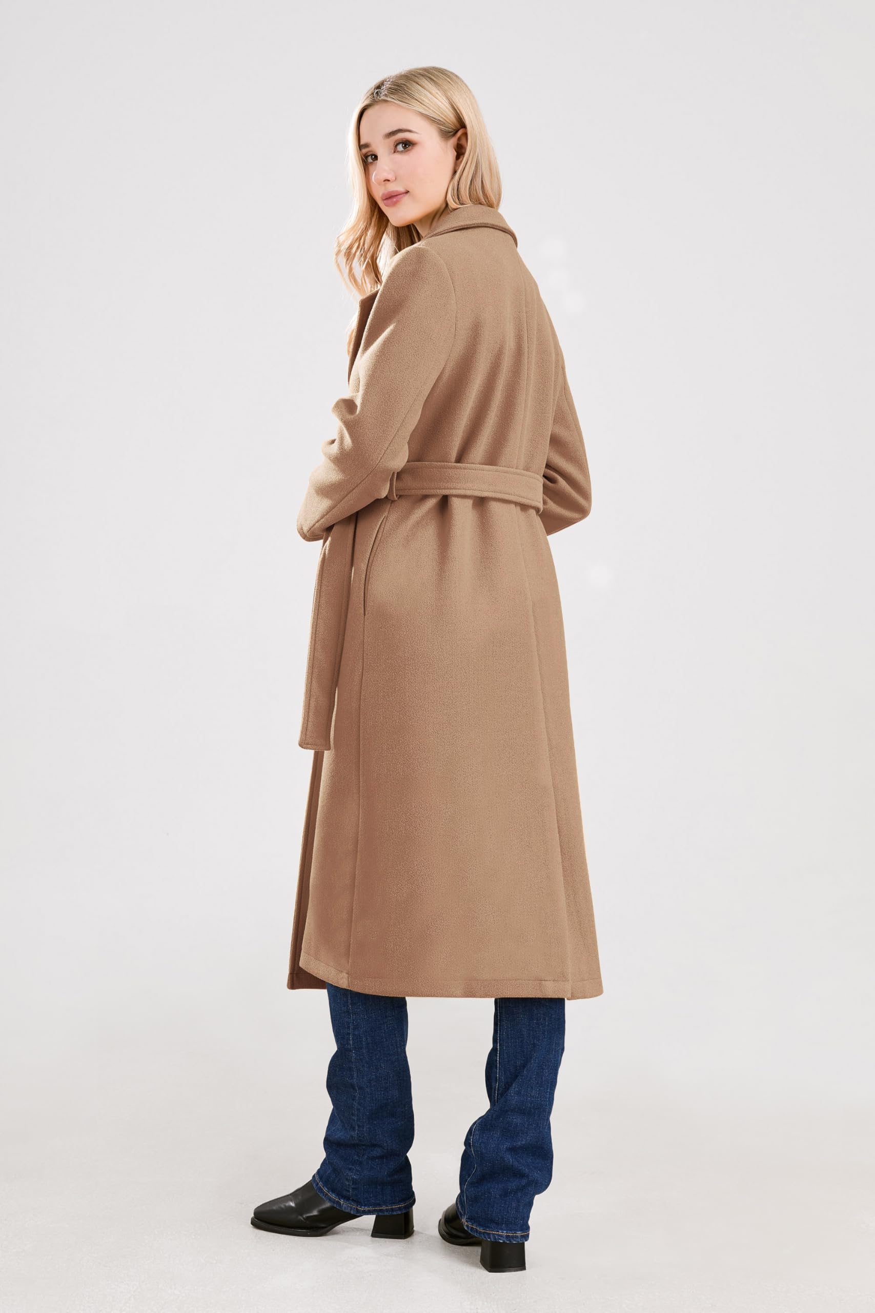 utcoco Cappotto lungo da donna in lana con colletto dentellato aperto sul davanti in misto lana trench con cintura