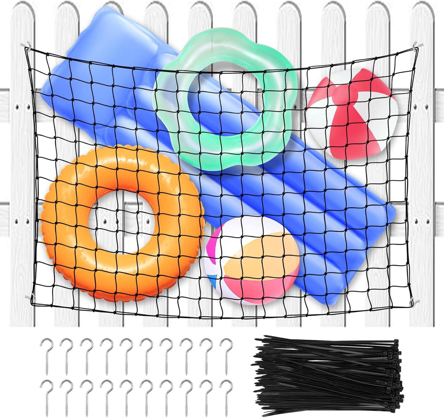 Pool Toy Float Storage Net, 71 * 47in Hanging Heavy Duty Elastic Mesh Net Organizer with 20 Hooks, Swimming Poolside Fence Holder for Inflatable Rafts, Noodles, Balls, Chairs