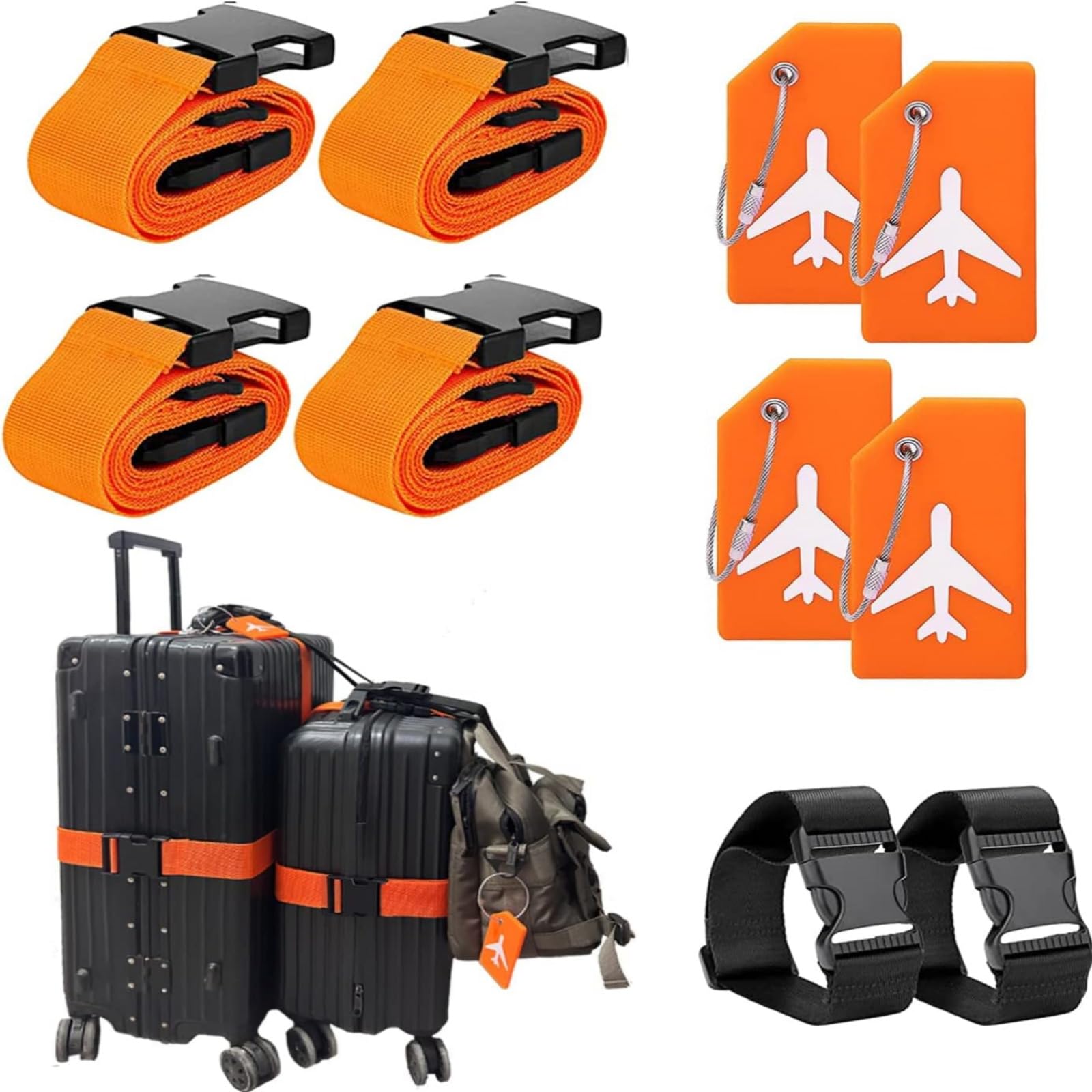 Luggage Straps for Suitcases TSA Approved & Luggage Tag Set, Adjustable Travel Luggage Belt for Luggage, Suitcase Packing Straps to Keep Suitcase Secure While Traveling (Orange-10pcs)