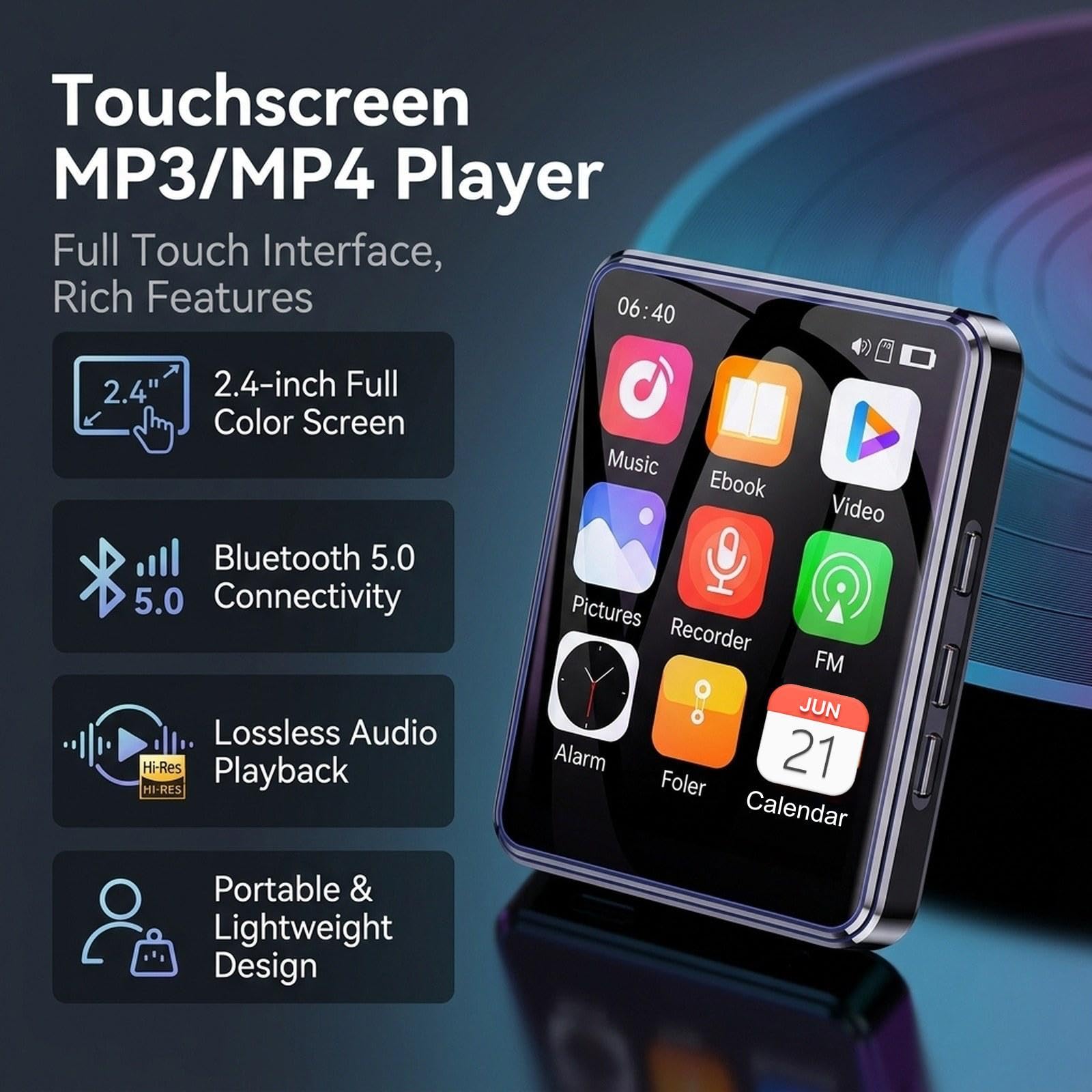 Reproductor MP3/MP4, Reproductor música, Ligero, con Sonido, portátil, para niños, vídeo, Libros electrónicos, Deportes, Fotos, Despertador, 64 GB