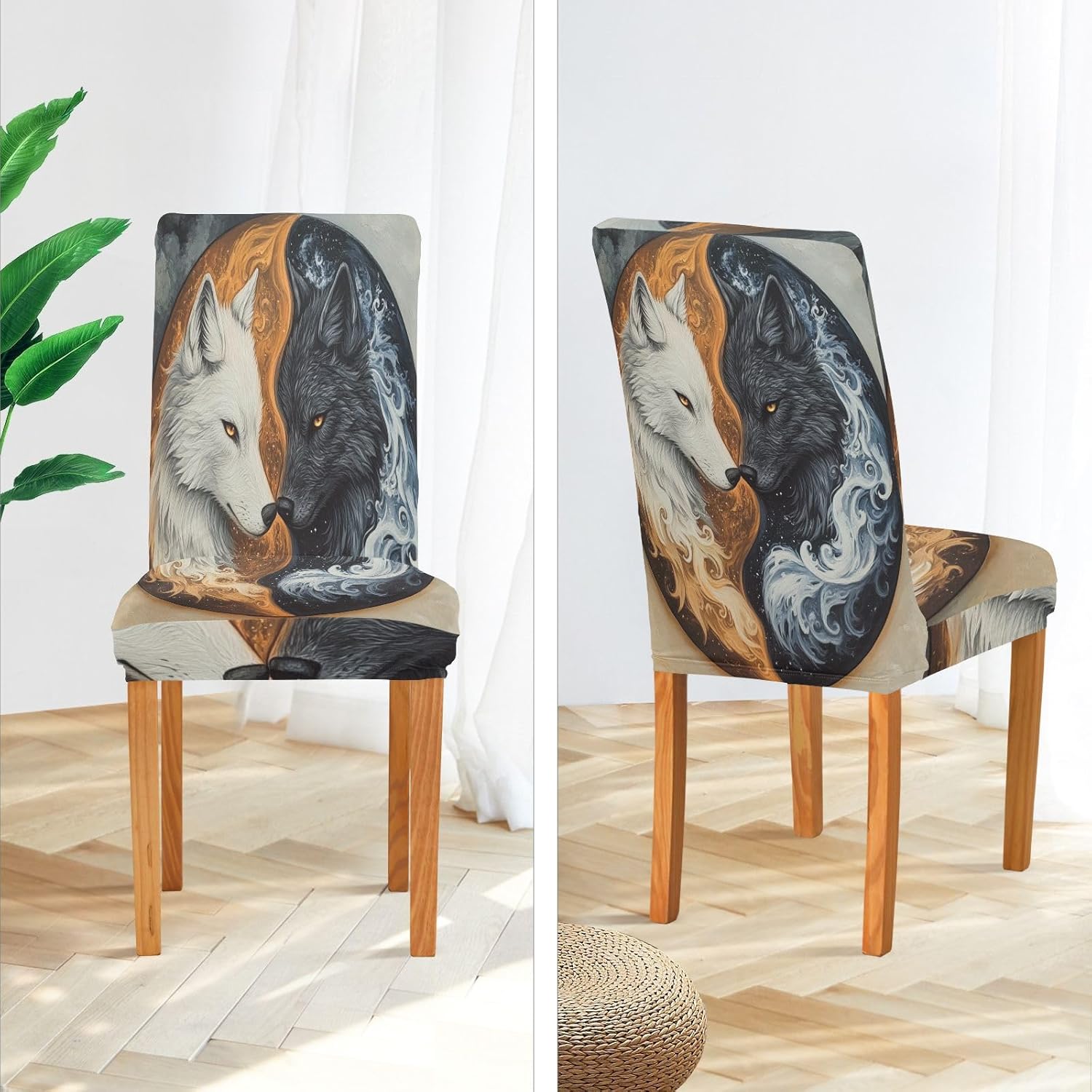 ALAZA Chair Covers for Dining Room, Wolf Yin Yang Style Stretch Chair Cover Sets Chair Protector Removable Washable for Ktichen Restaurant Hotel